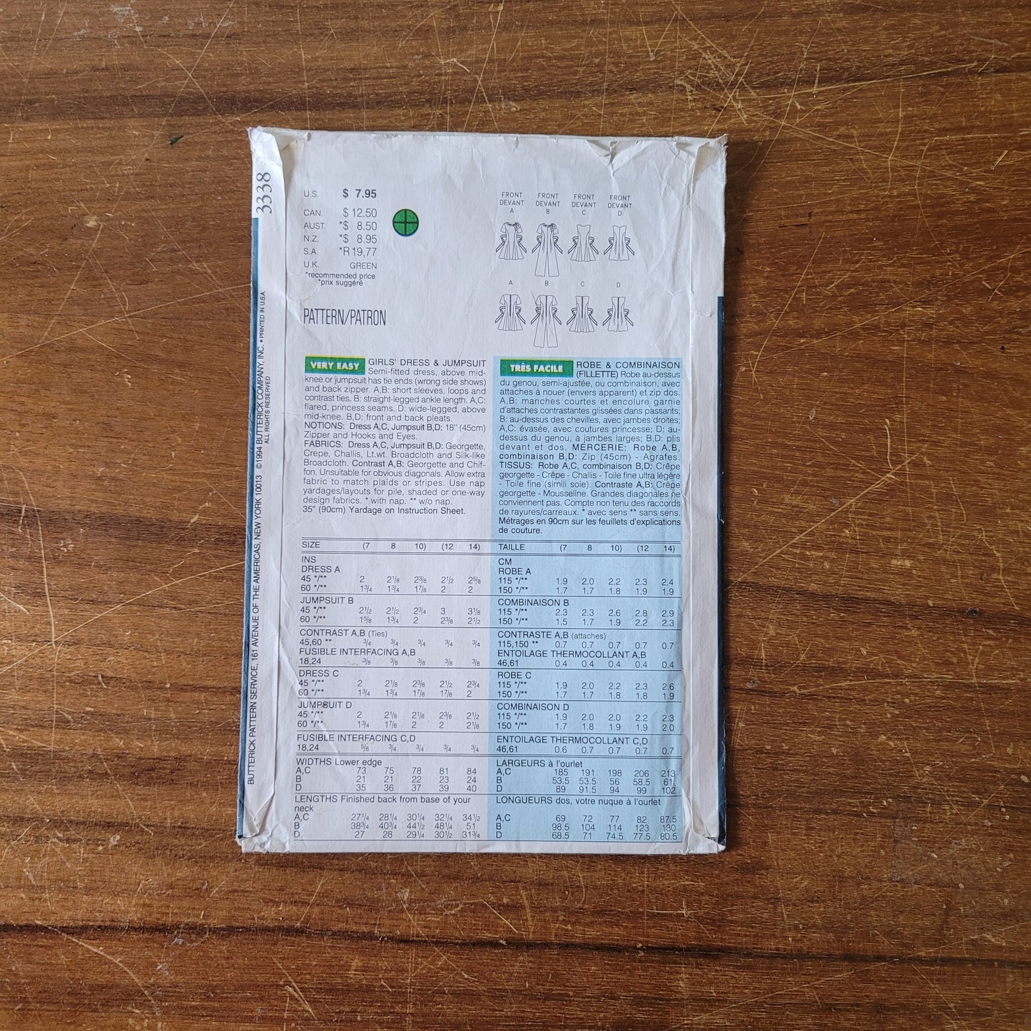 Uncut 1994 Butterick Busy Bodies 3338 sewing pattern for girls' dress & jumpsuit, sizes 7-8-10 (complete)