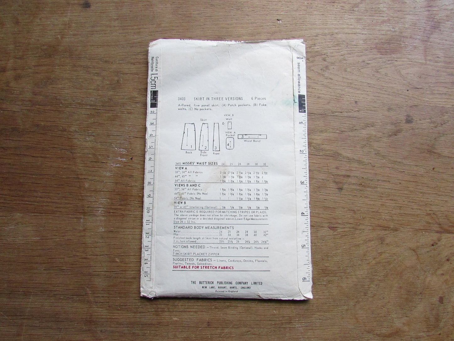 Used 1965 Butterick 3403 sewing pattern for skirt in three versions, size 10 (complete)