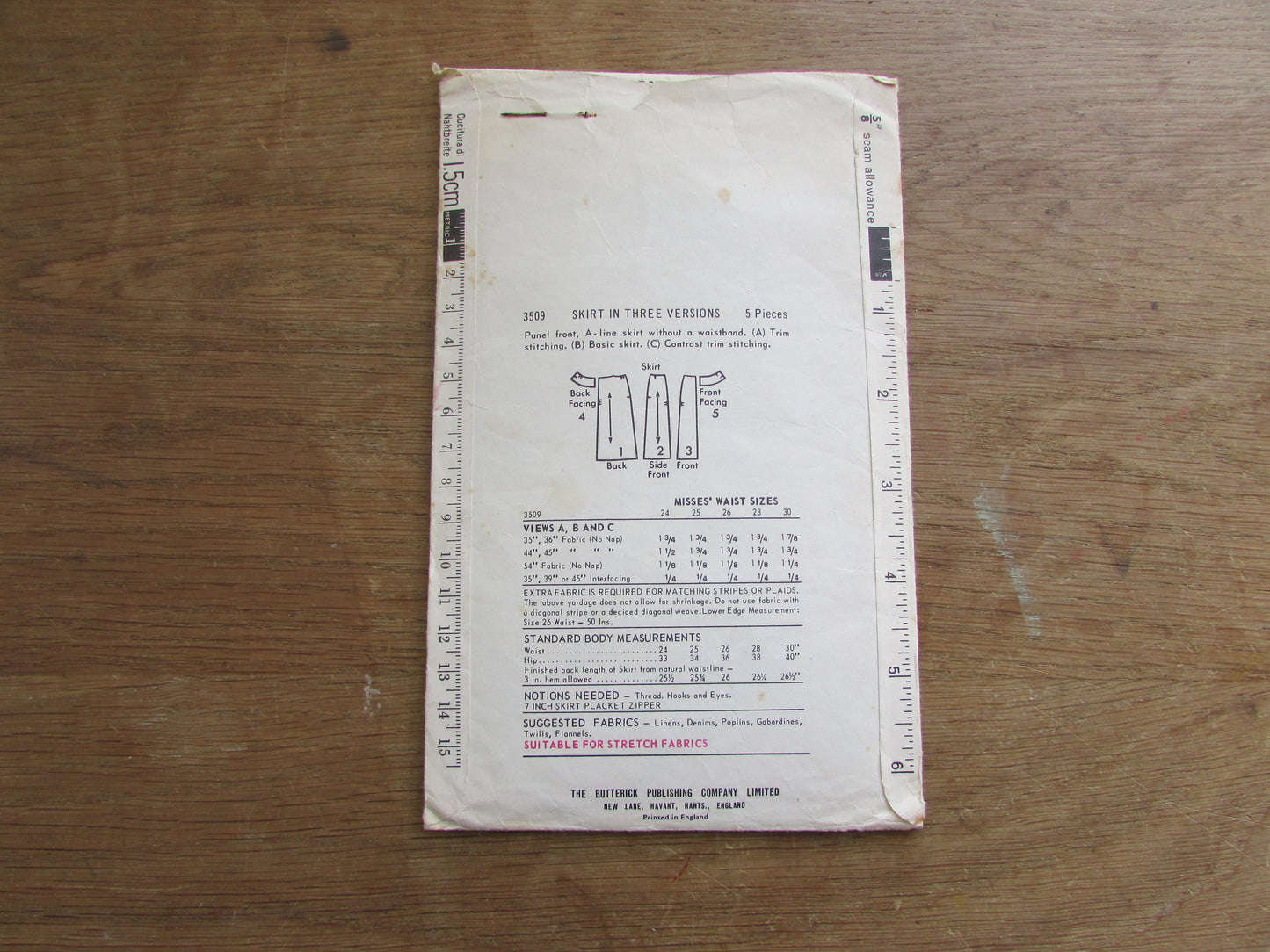 Used 1965 Butterick 3509 sewing pattern for misses' skirt in three versions, size 10 (complete)