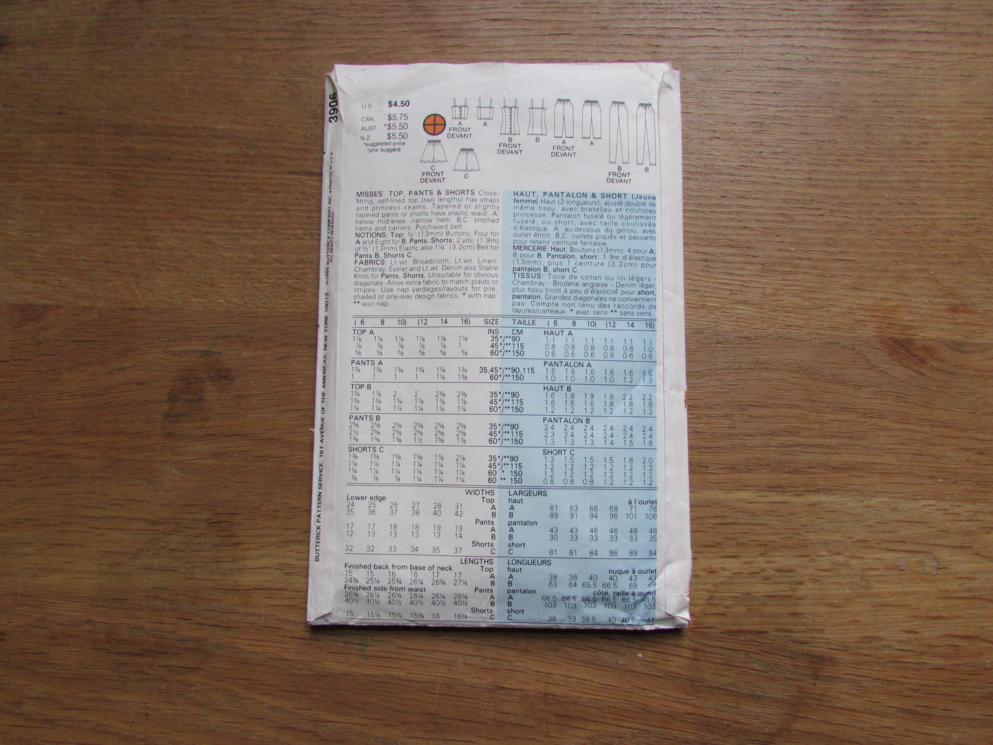 Part cut 1986 Butterick 3906 sewing pattern for misses' top, pants & shorts, sizes 12-14-16 (complete, see description below)