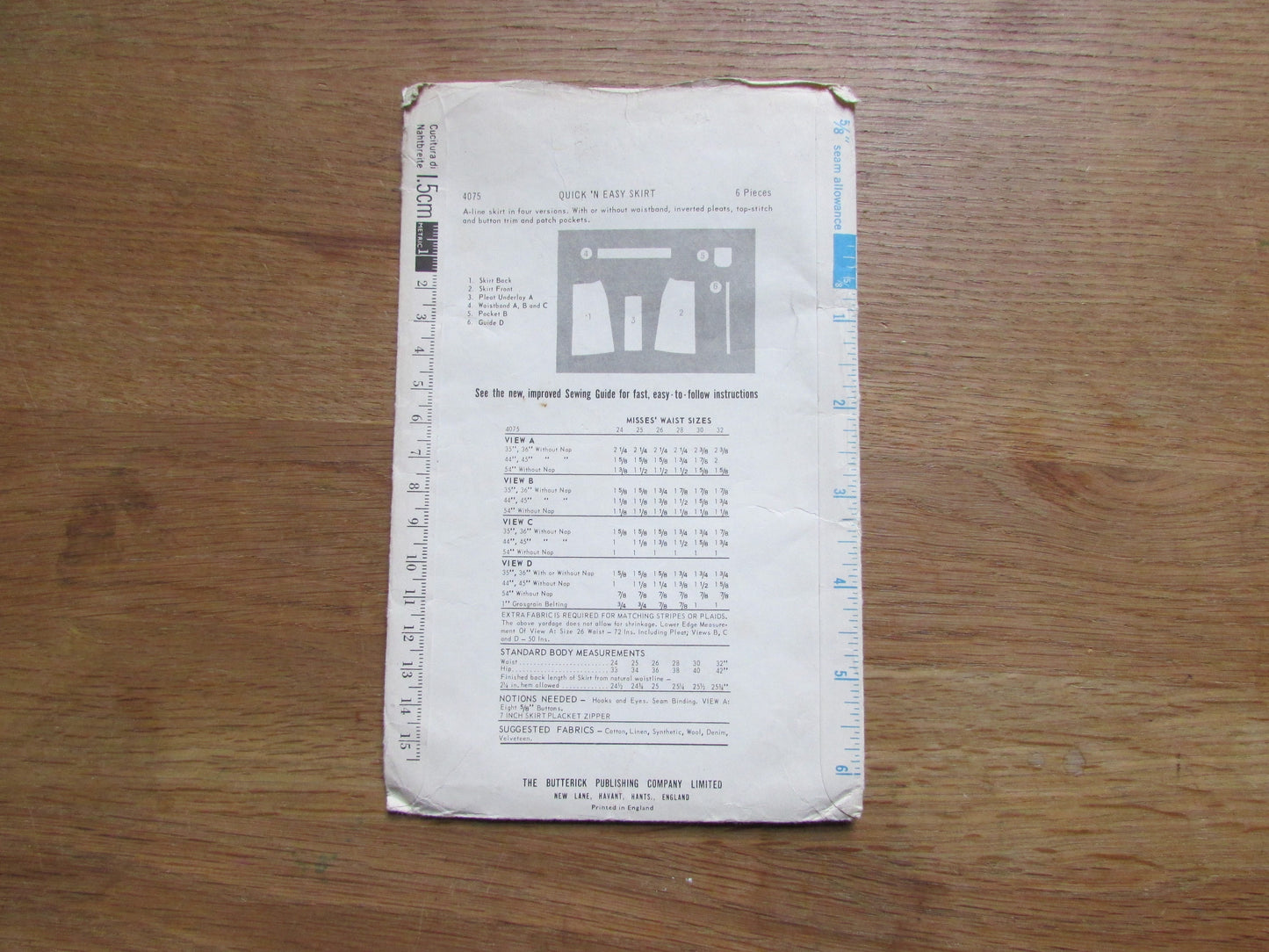 Used 1960s Butterick 4075 sewing pattern for quick 'n' easy skirt, size 10 (complete, see description below)