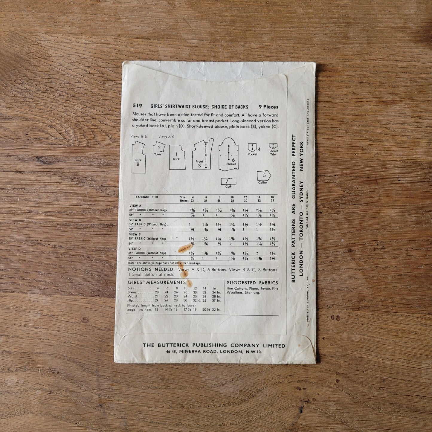 Used 1950s Butterick 519 sewing pattern for girls' shirtwaist blouse with choice of backs, size 16 (complete, but missing instructions)