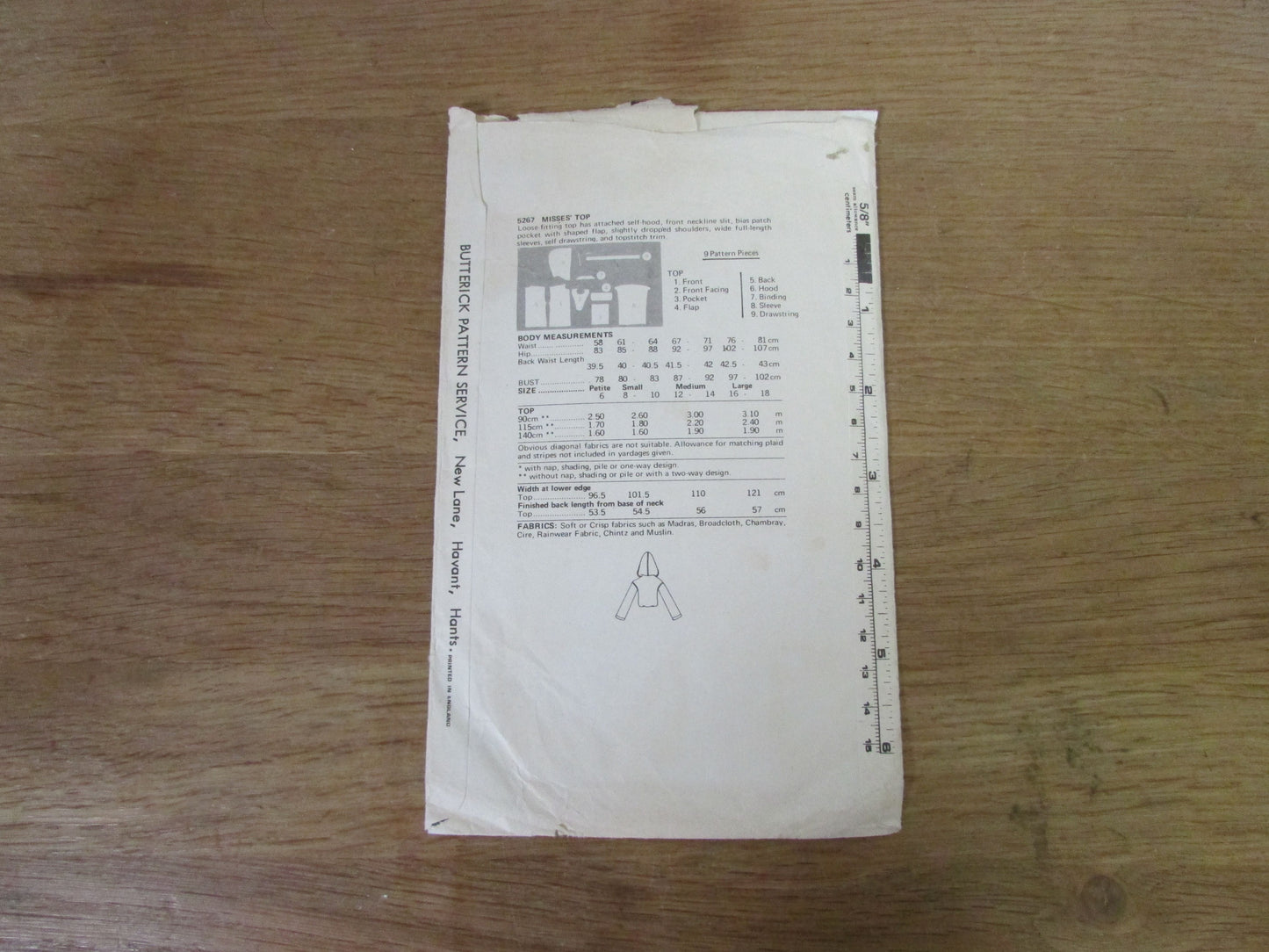 Part cut 1978 Butterick 5267 sewing pattern for misses' hooded top, size 12-14 (complete)