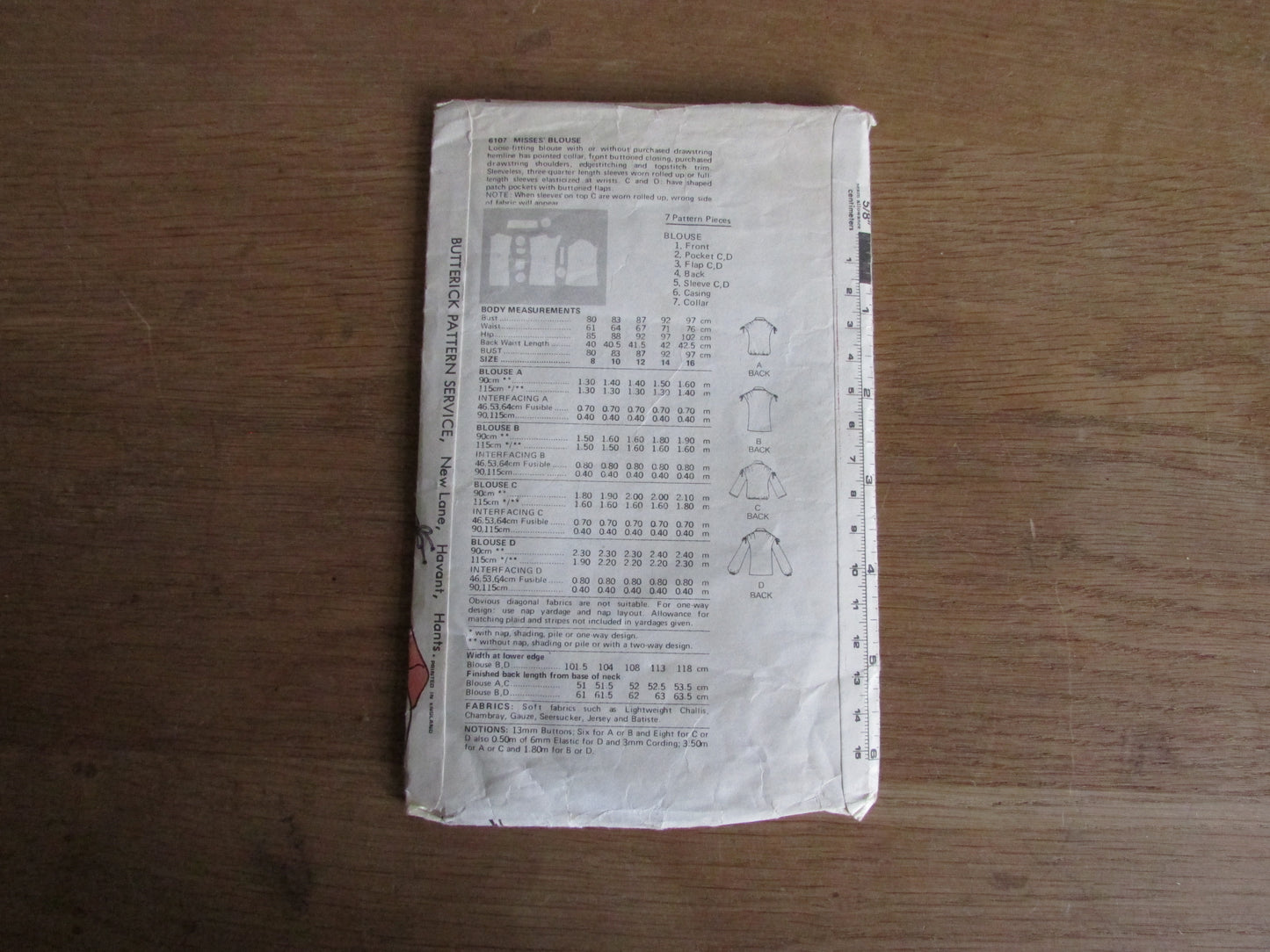 Used 1980s Butterick 6107 sewing pattern for misses blouse, size 10 (complete)