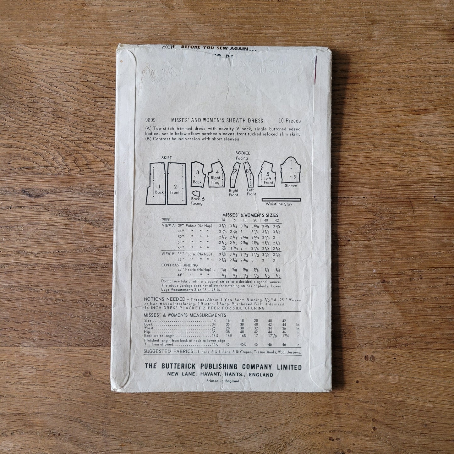 Used 1960s Butterick 9899 sewing pattern for misses' & women's sheath dress, size 16 (complete)