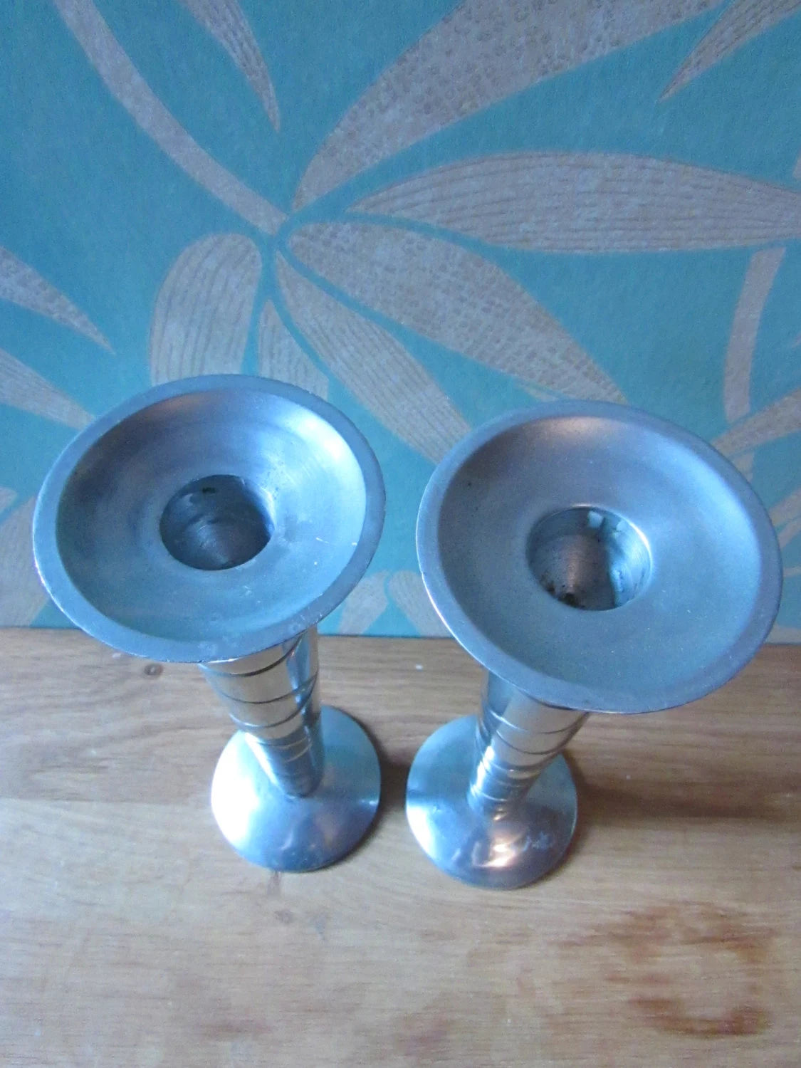Pair of vintage modernist aluminium etched tall candlestick holders