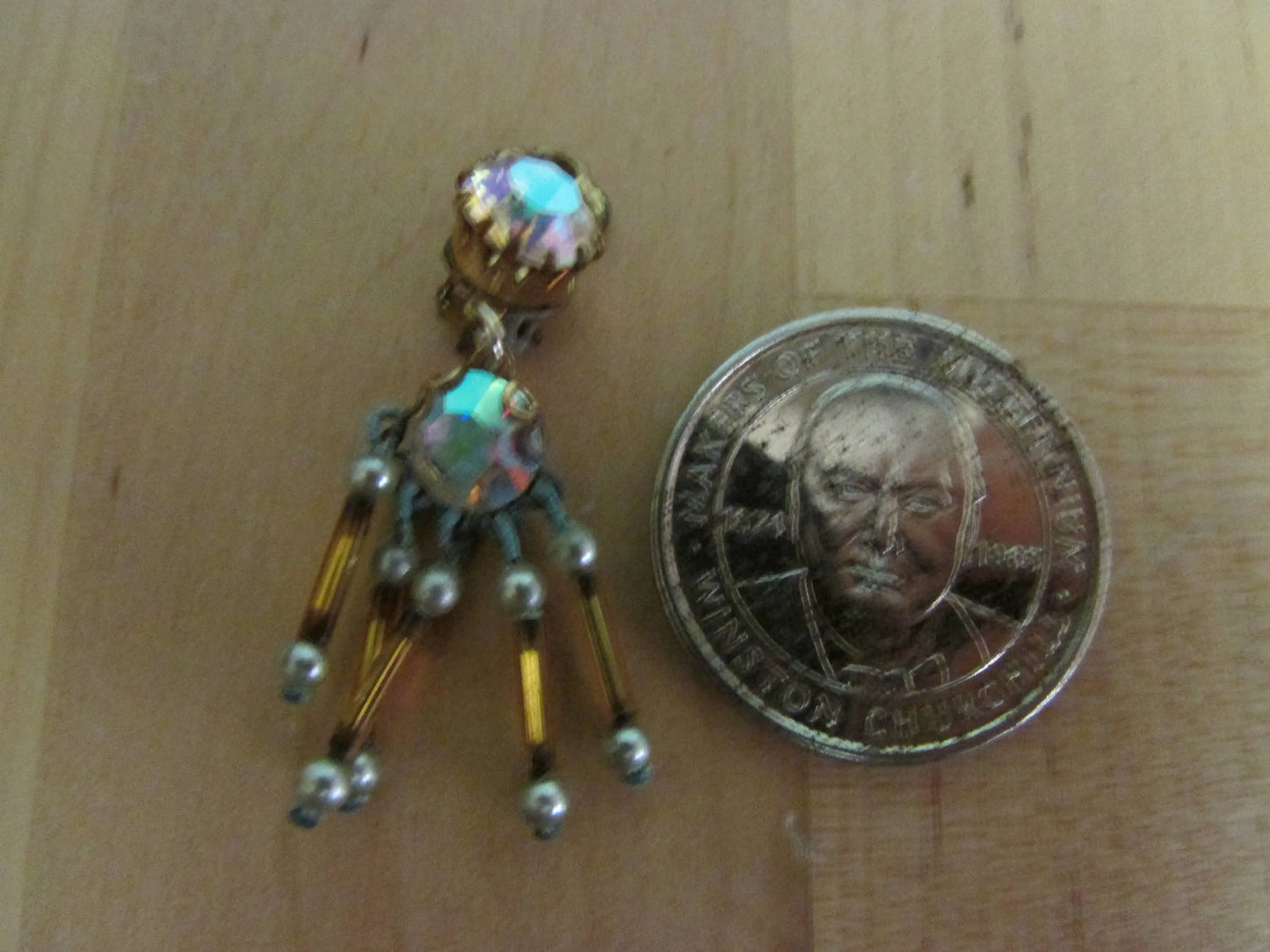 Vintage rhinestone & bugle bead drop clip-on earrings