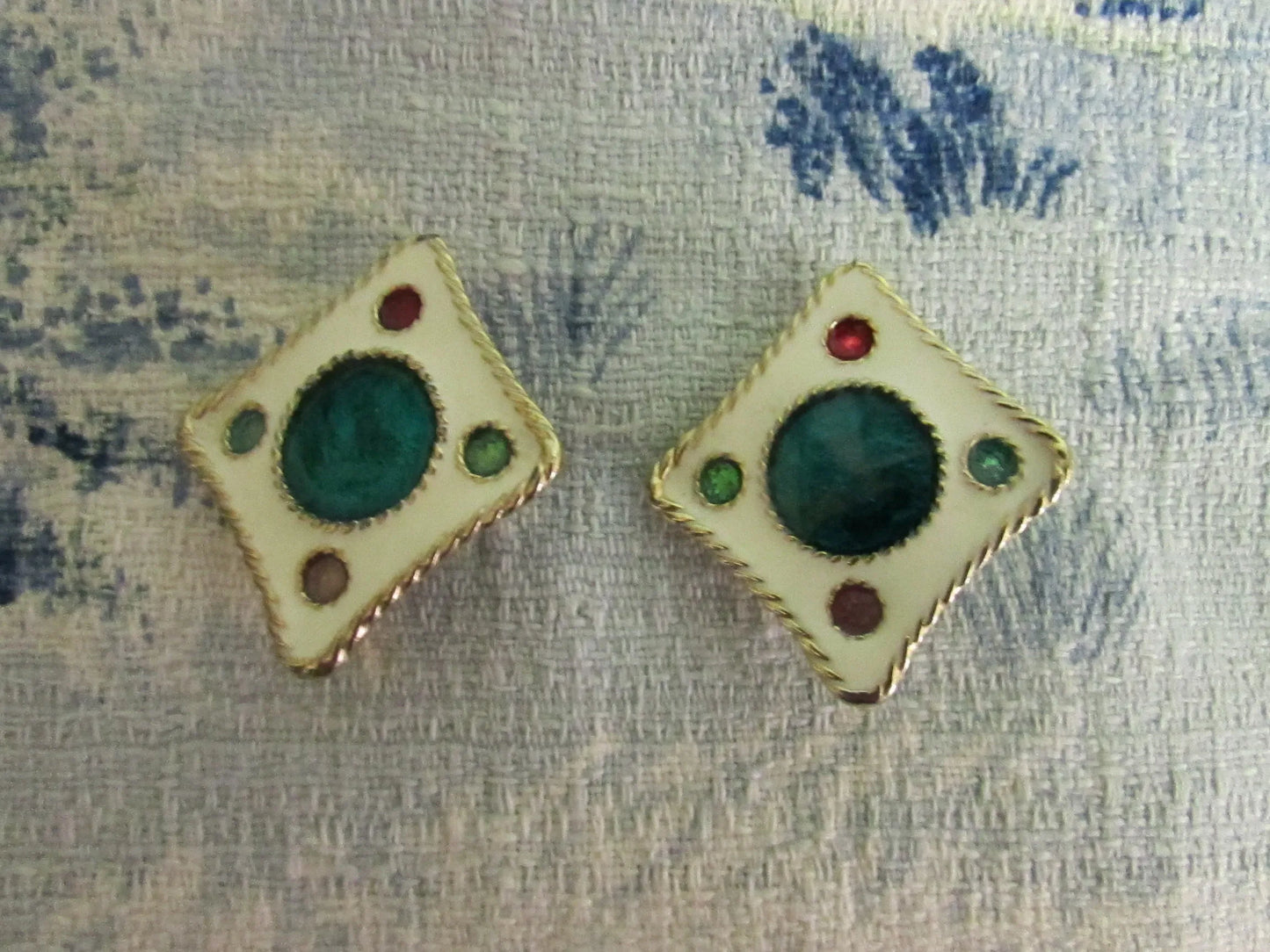 1980s heavy square enamel inlaid coloured spots statement clip-on earrings, gold-tone edgings