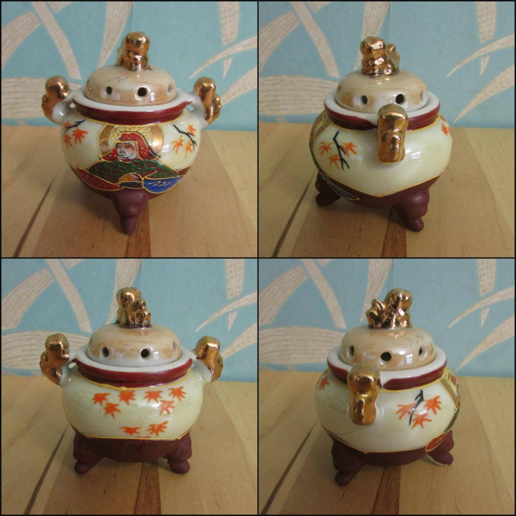 Delicate 1930s hand-painted Japanese Samurai tea set with koro