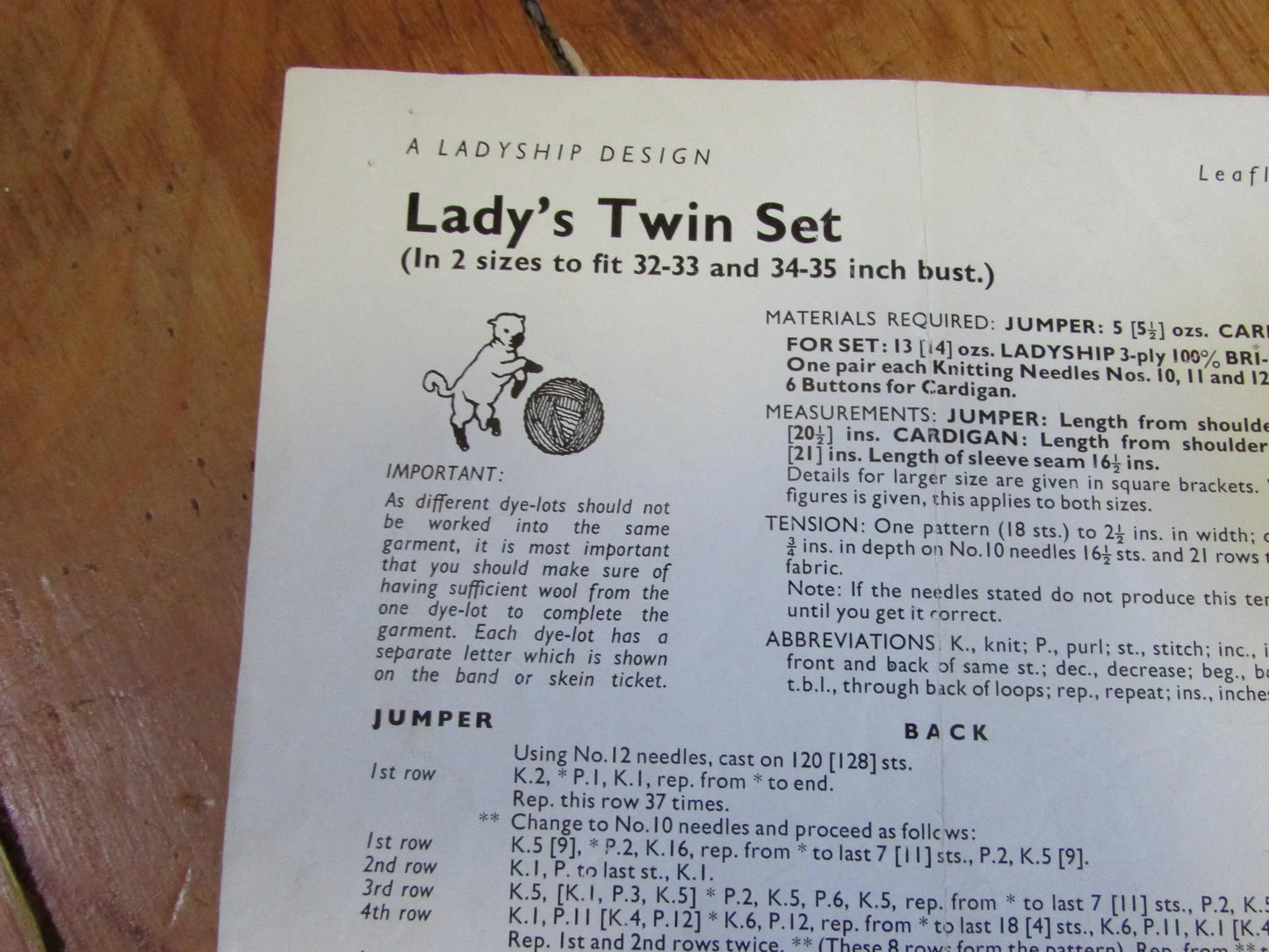 1960s Baldwin & Walker "Ladyship" 3337 knitting pattern for lady's twin set
