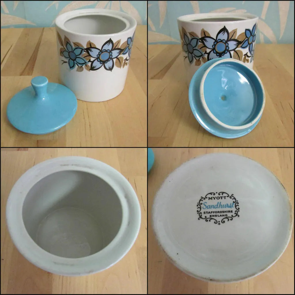 1960s Myott white, sky blue & taupe flowers "Sandhurst" coffee set
