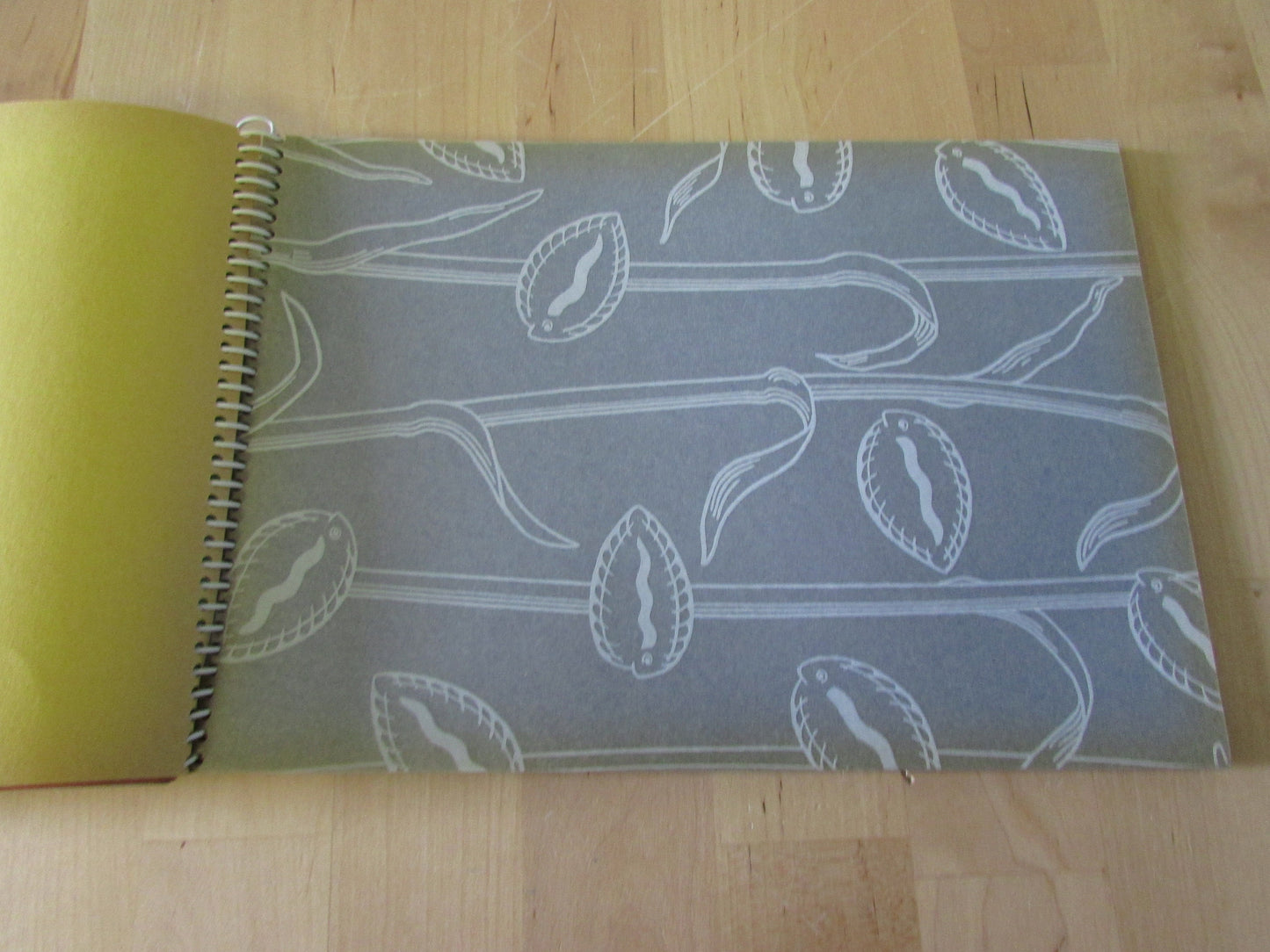 Mid-century photo album, abstract sun & boat motif cover, botanical patterned dividing sheets