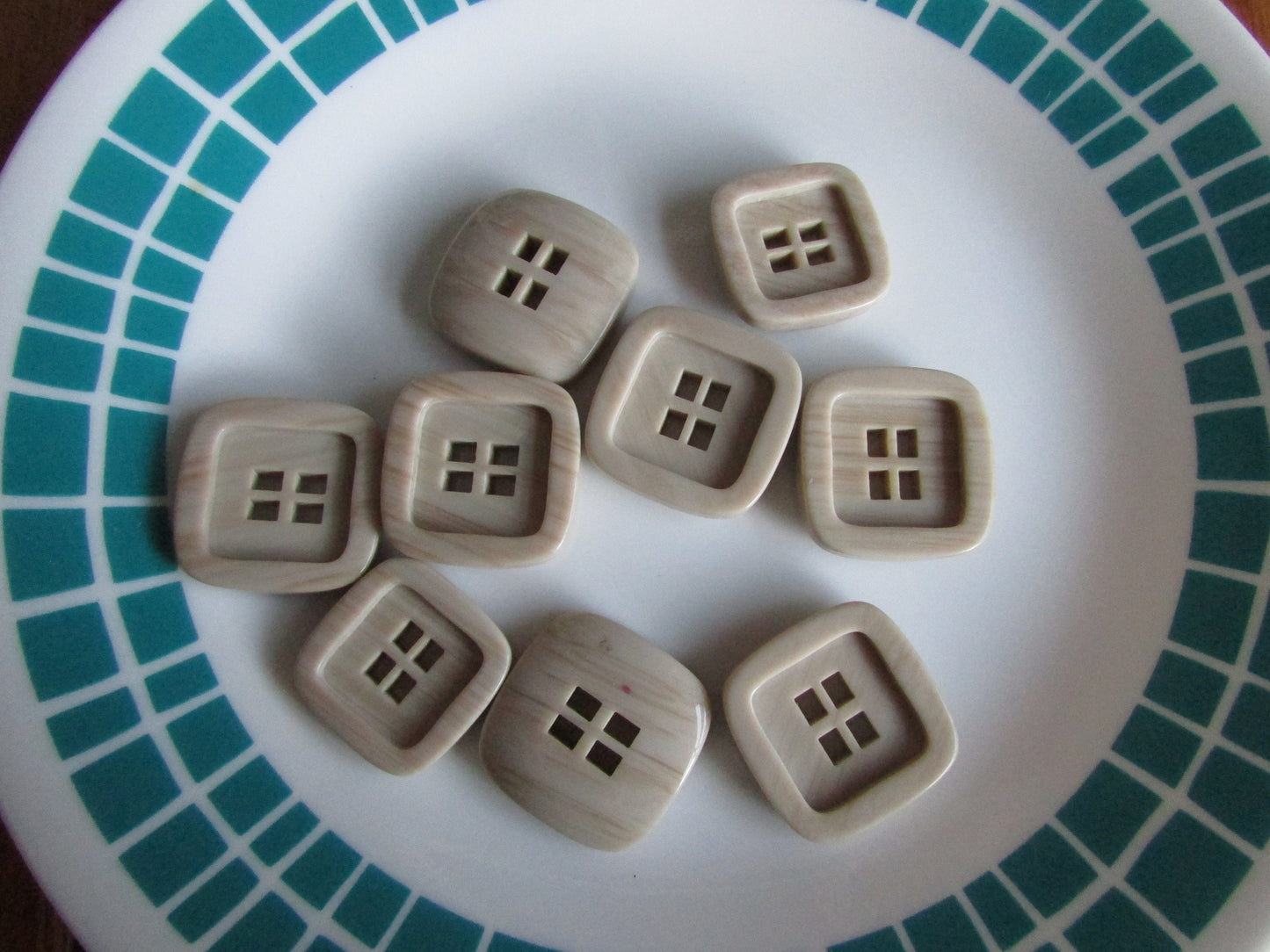 9 vintage pale taupe/mushroom-coloured square plastic buttons