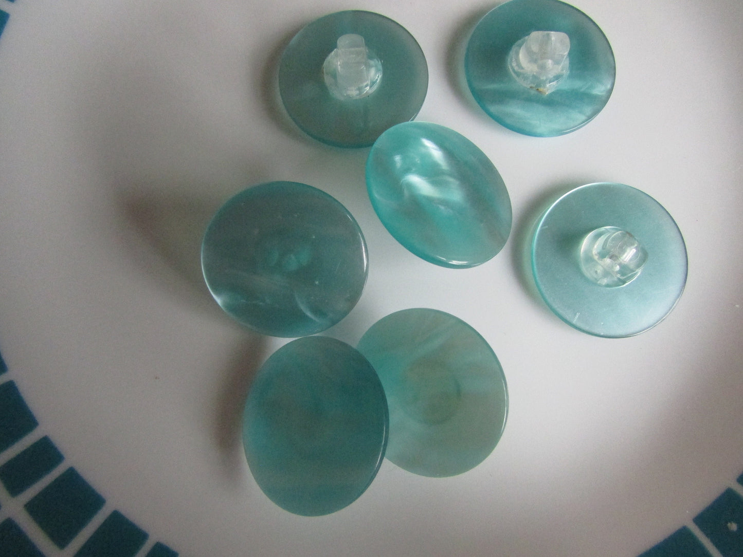 7 vintage pearlescent aqua flat round plastic buttons