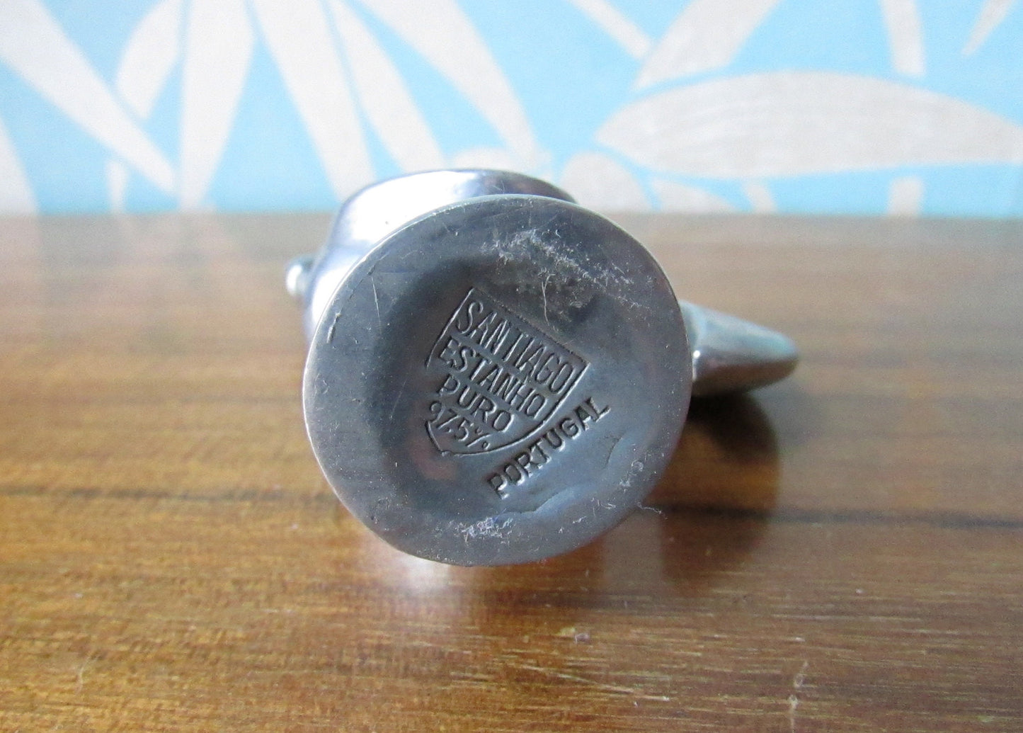 Vintage Santiago Estanho pewter rooster, ruby red rhinestone eye detail
