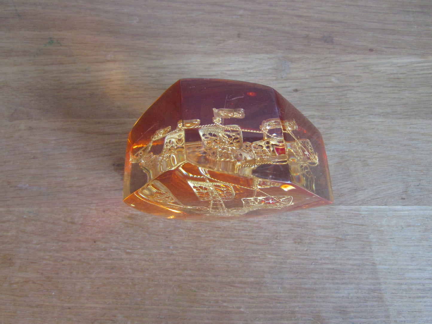 1960s perspex/resin filigree Portuguese Galleon paperweight