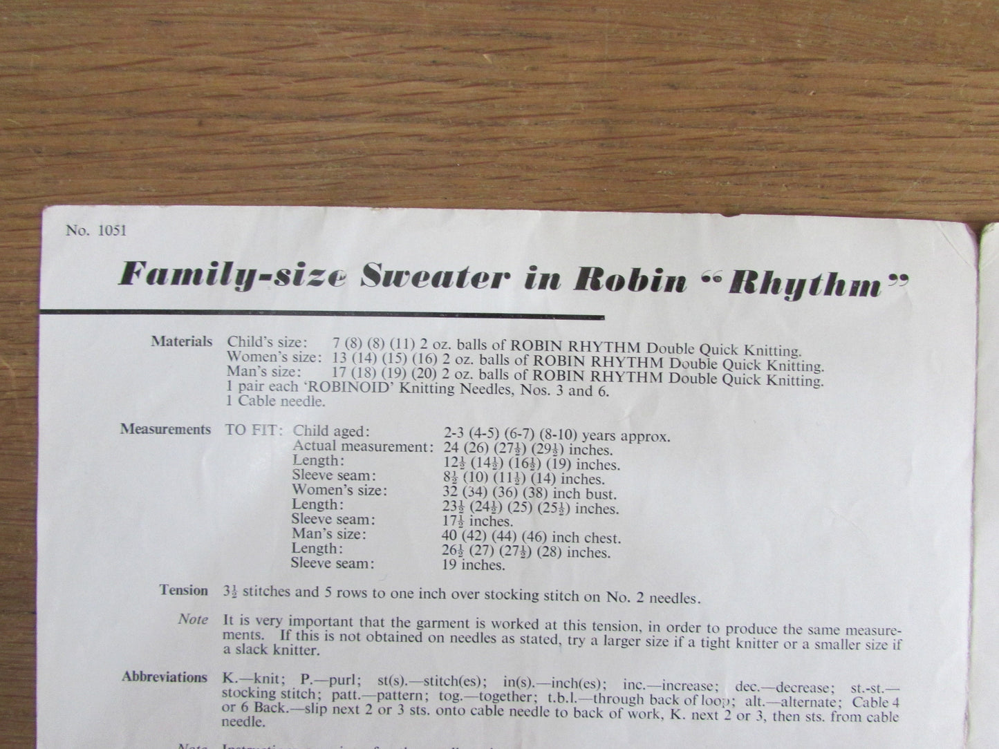 1950s Robin "Rhythm" 1051 knitting pattern for family size sweater