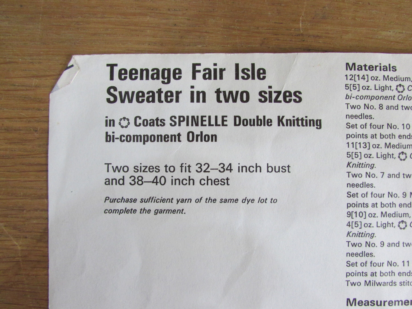 1965 Coats "Spinelle" 27 knitting pattern for teenage Fair Isle sweater in two sizes