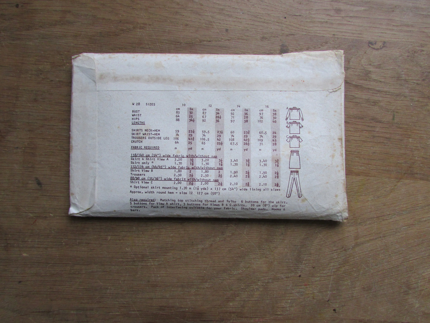 Part cut 1980s Woman W28 sewing pattern for top, skirt & trousers, size 12 (complete)