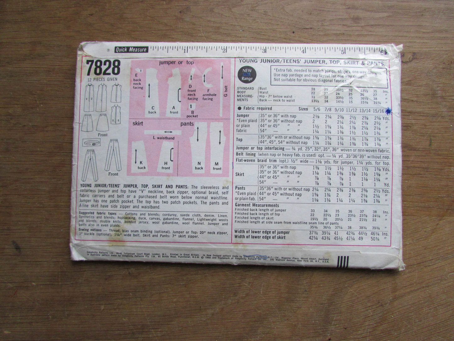 Part cut 1968 Simplicity 7828 sewing pattern for young junior/teens' jumper, top, skirt & pants, size 9/10 (complete)