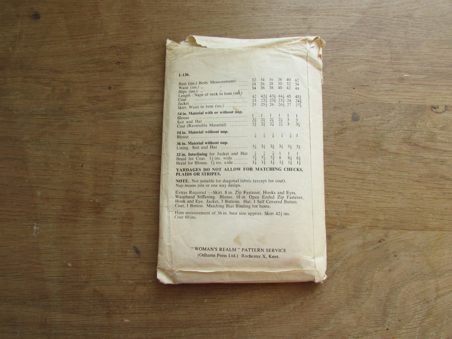 Used 1960s Woman's Realm L136 sewing pattern for misses' coat, jacket & skirt, size 12 (complete)