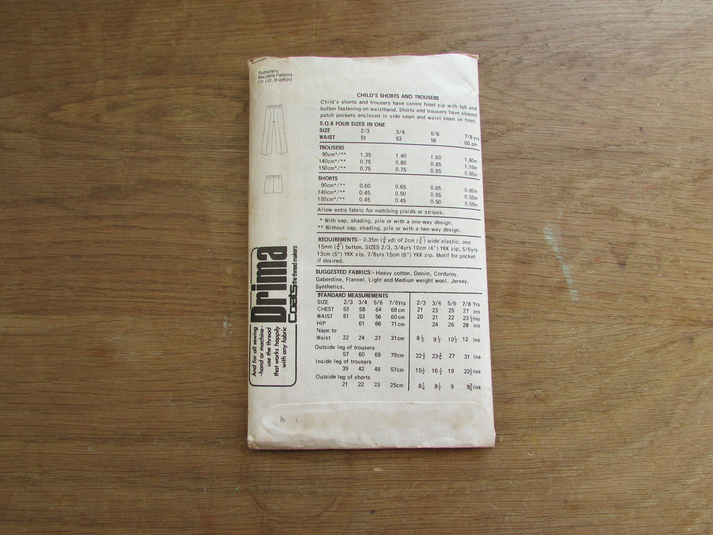 Uncut 1970s Maudella SO6 sewing pattern for child's shorts & trousers, size 2/3 - 7/8yrs (complete)