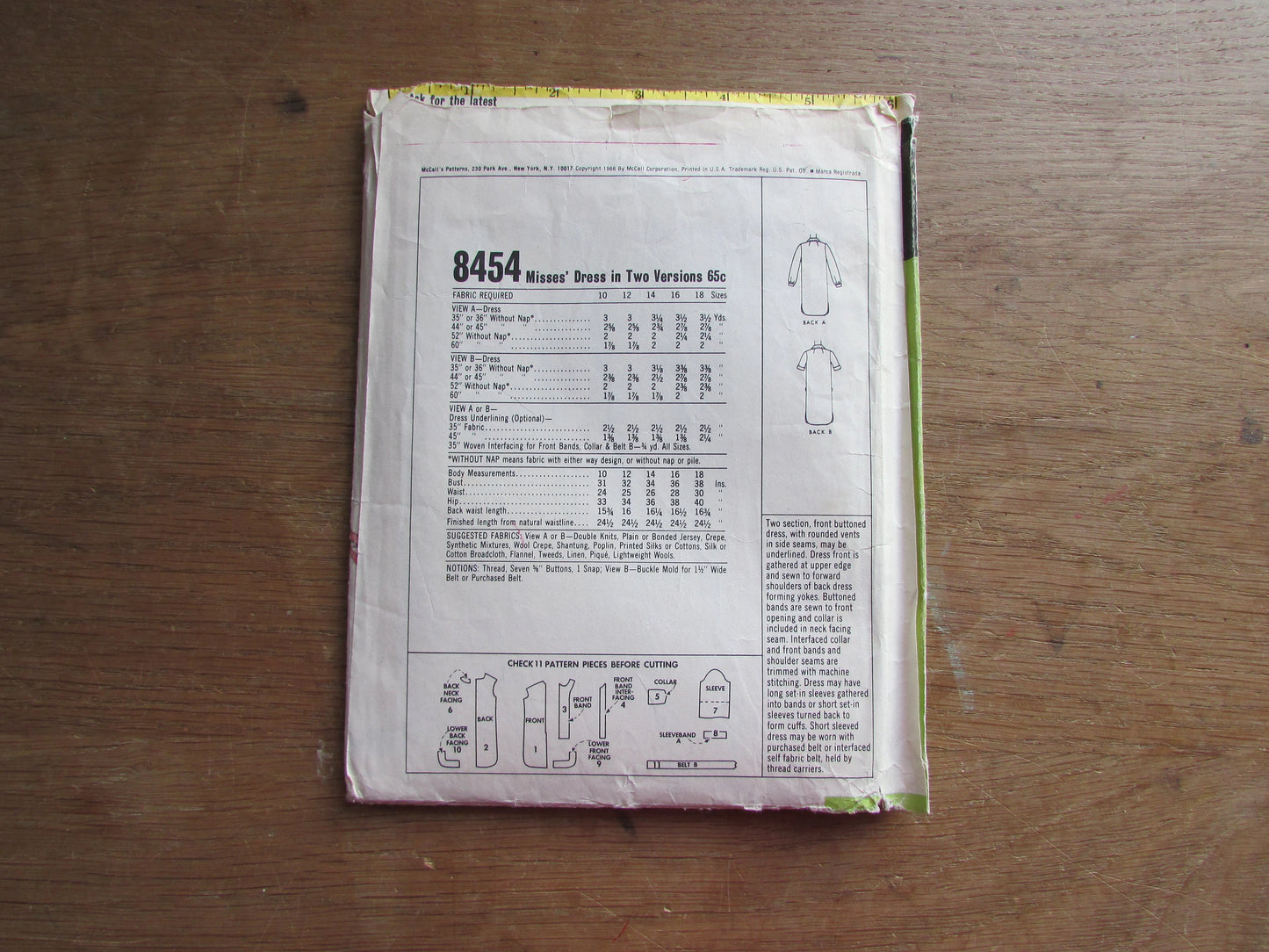 Part cut 1968 McCall's 8454 sewing pattern for misses' dress in two versions, size 12-14 (complete)