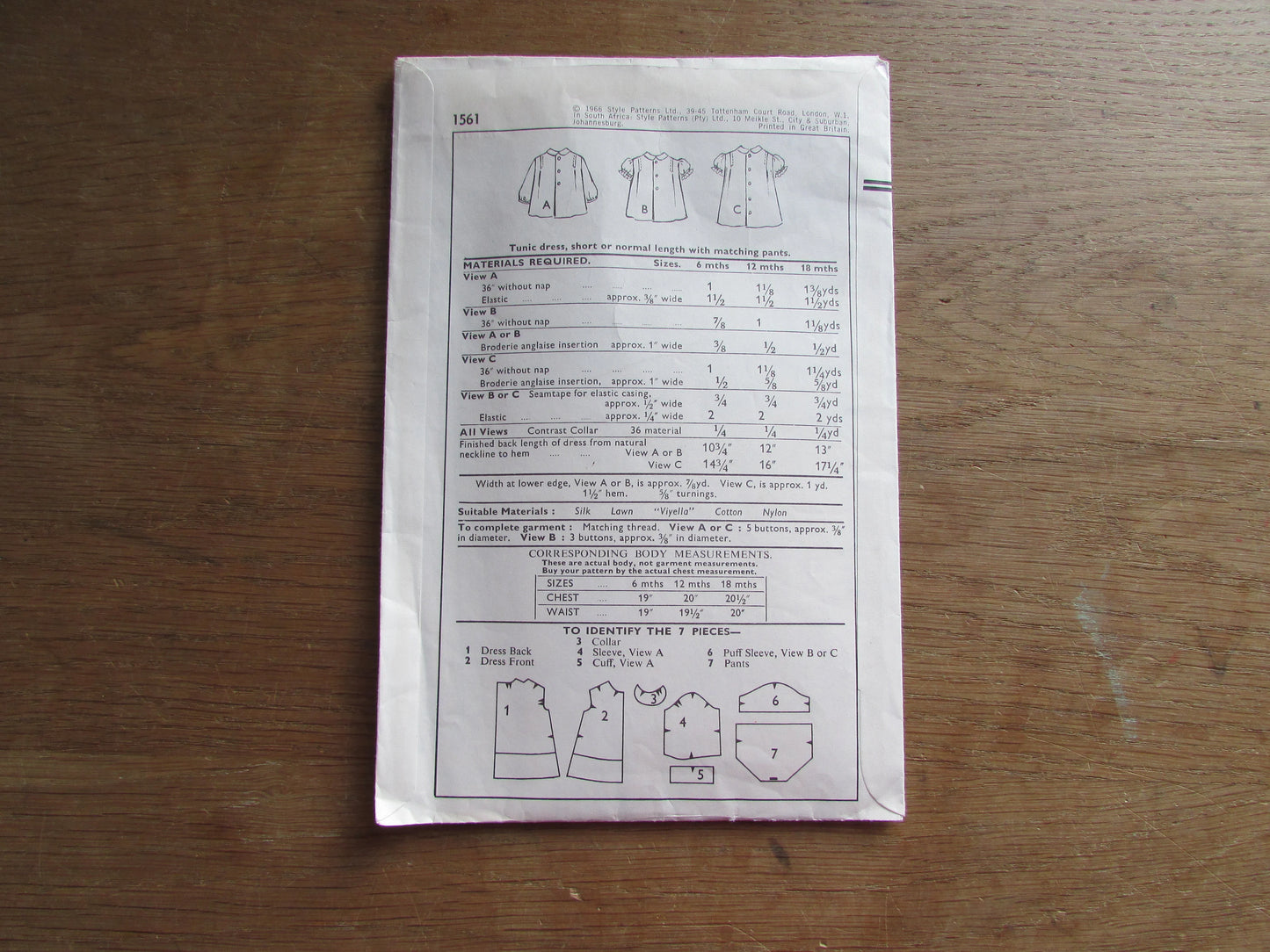 Part cut 1966 Style 1561 sewing pattern for tunic dress with matching pants, size 12 months (complete)