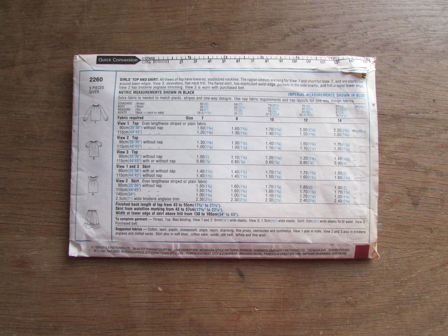 Part cut 1978 Style 2260 sewing pattern for girls' top & skirt, size 7 (complete, see description below)