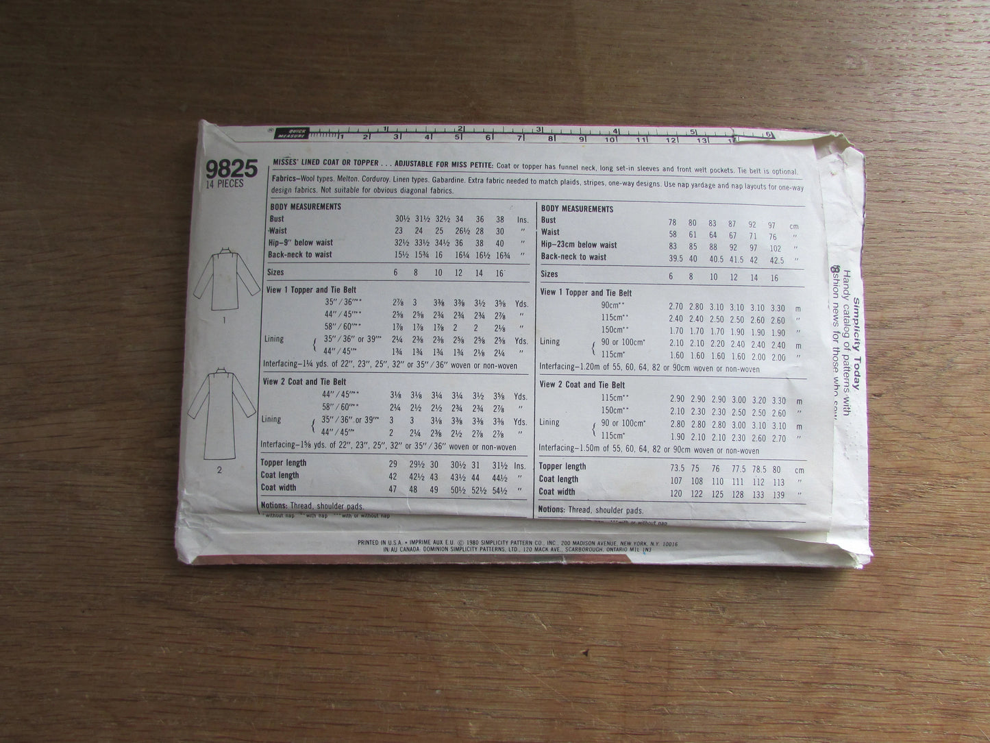 Uncut 1980 Simplicity 9825 sewing pattern for misses' lined coat or topper, size 12 (complete)