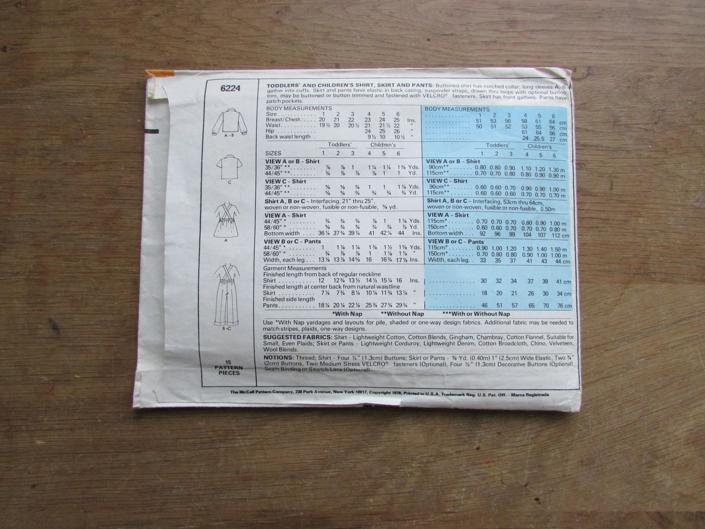 Part cut 1978 McCall's Patterns with a Plus 6224 sewing pattern for toddlers' & children's shirt, skirt and pants, size 2 (complete)