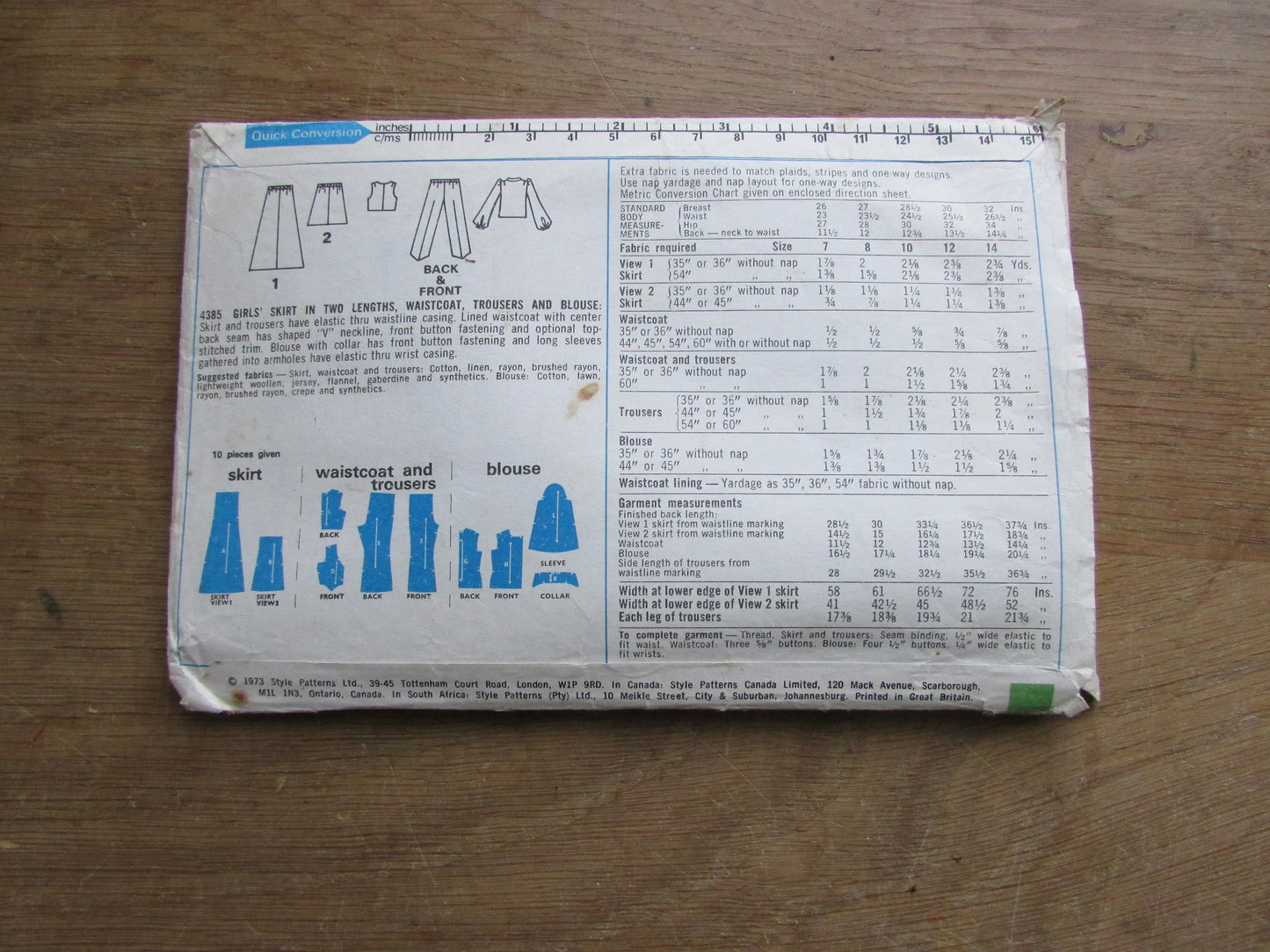Part cut 1973 Style 4385 sewing pattern for girl's skirt, waistcoat, trousers & blouse, size 7 (complete)