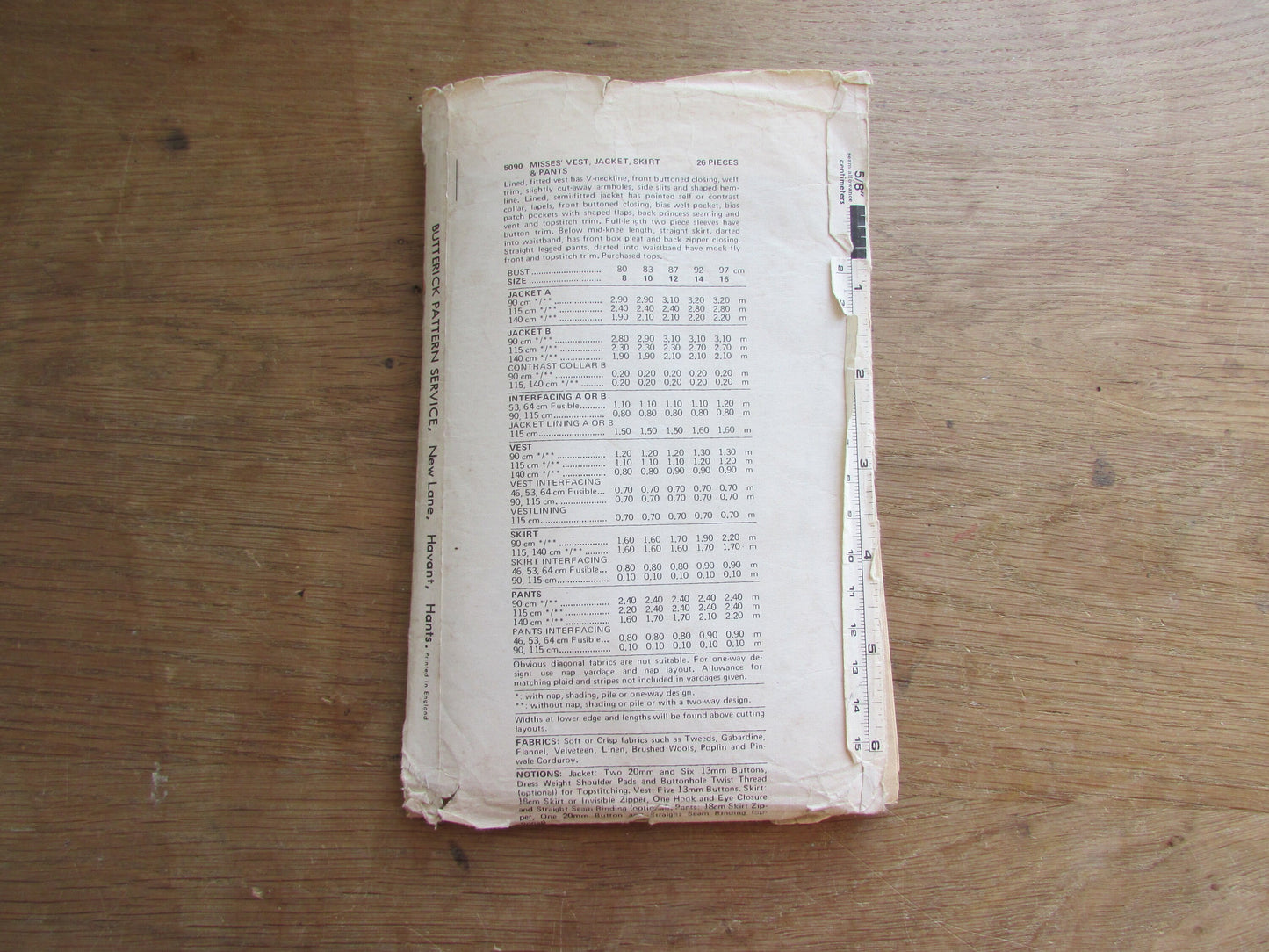 Part cut 1978 Butterick 5090 Rena Rowan sewing pattern for misses' vest, jacket, skirt & pants, size 10 (see description below)