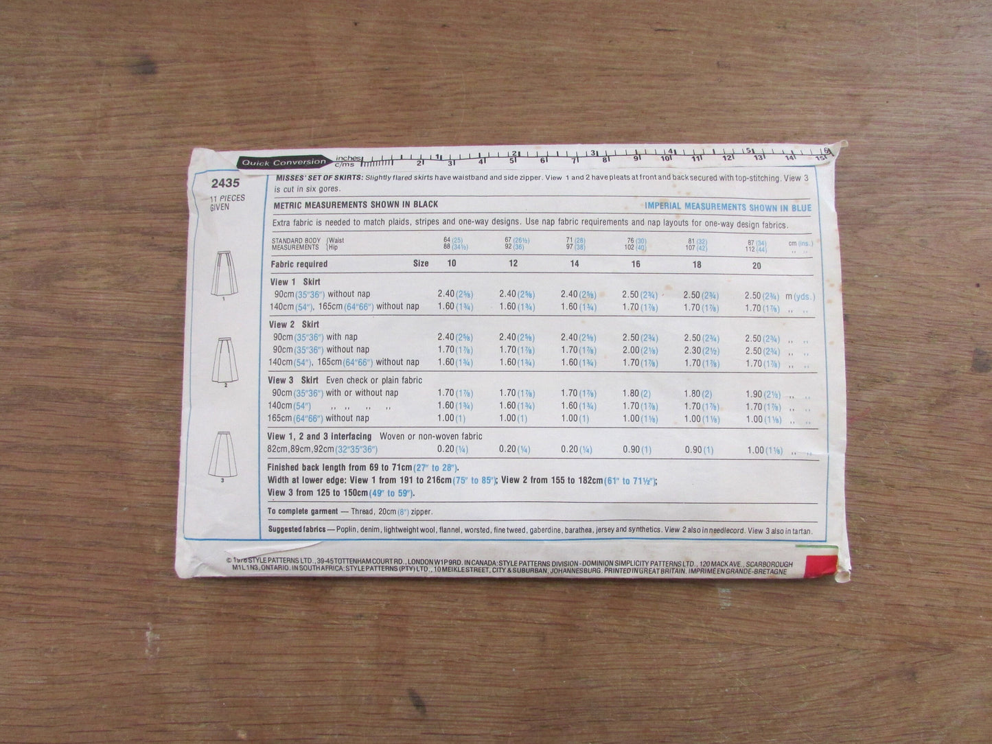 Part cut 1978 Style 2435 sewing pattern for misses' set of skirts, size 12 (complete)