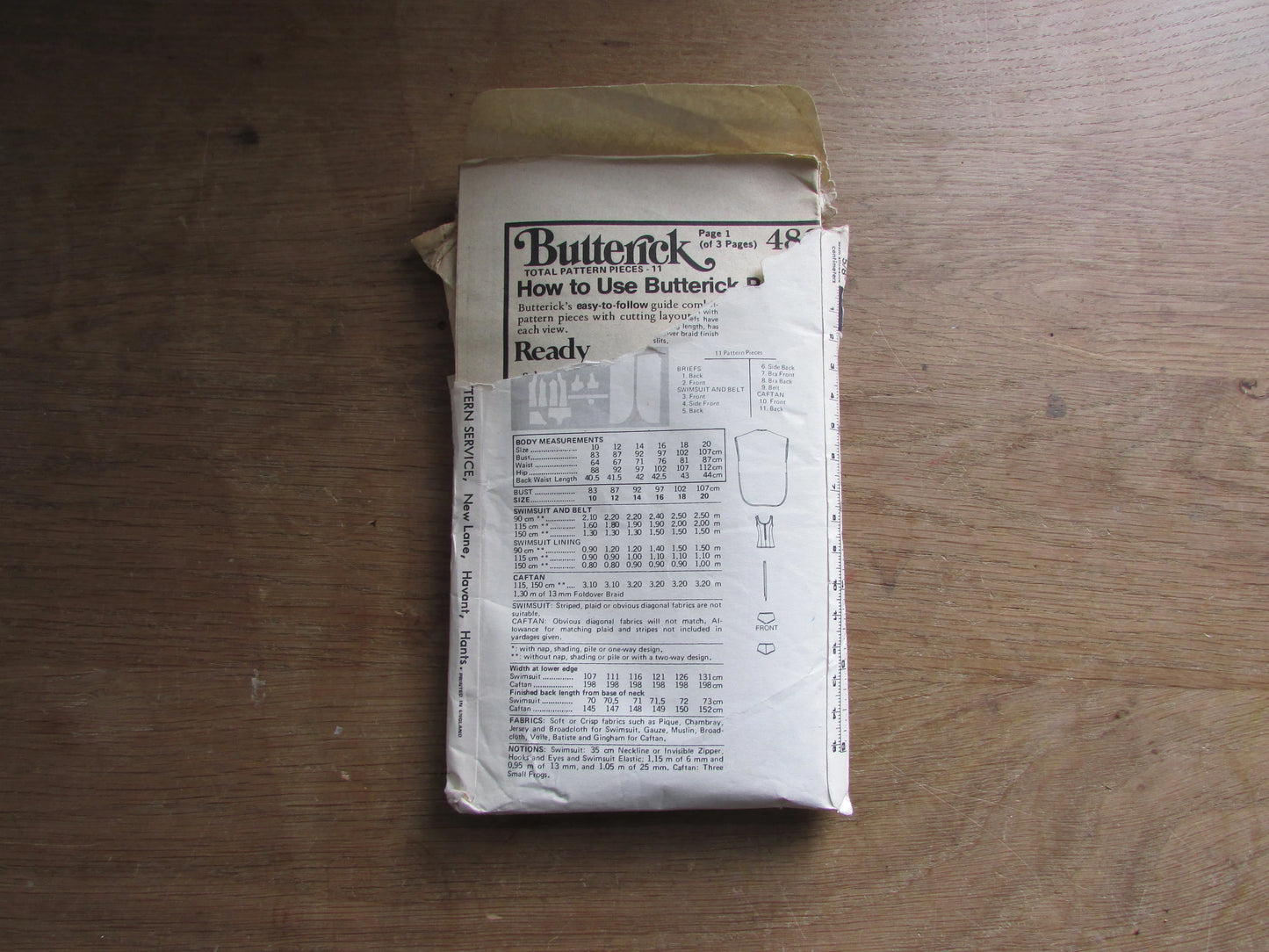 Part cut 1970s Butterick 4862 sewing pattern for caftan, briefs, swimsuit & belt, size 10 (complete)