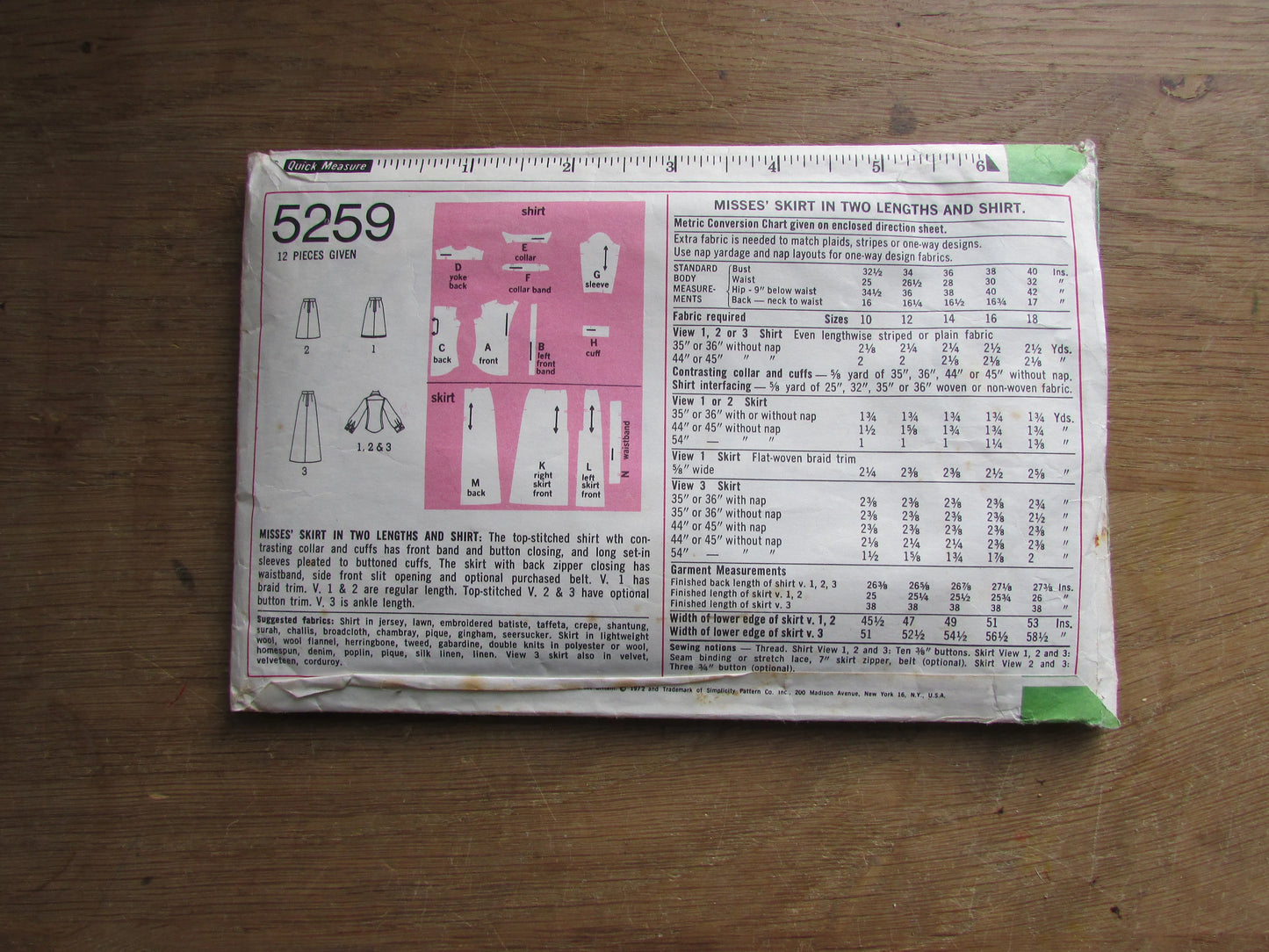 Part cut 1972 Simplicity 5259 sewing pattern for skirt & shirt, size 10 (complete)