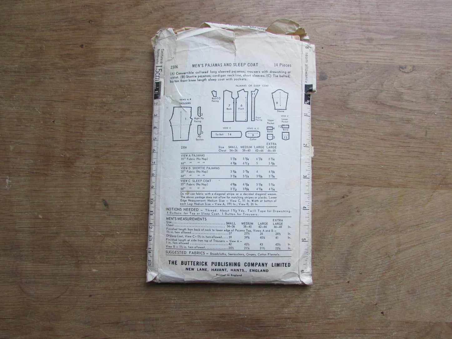 Part cut 1960s Butterick 2306 sewing pattern for men's pajamas & sleep coat, size M (complete)
