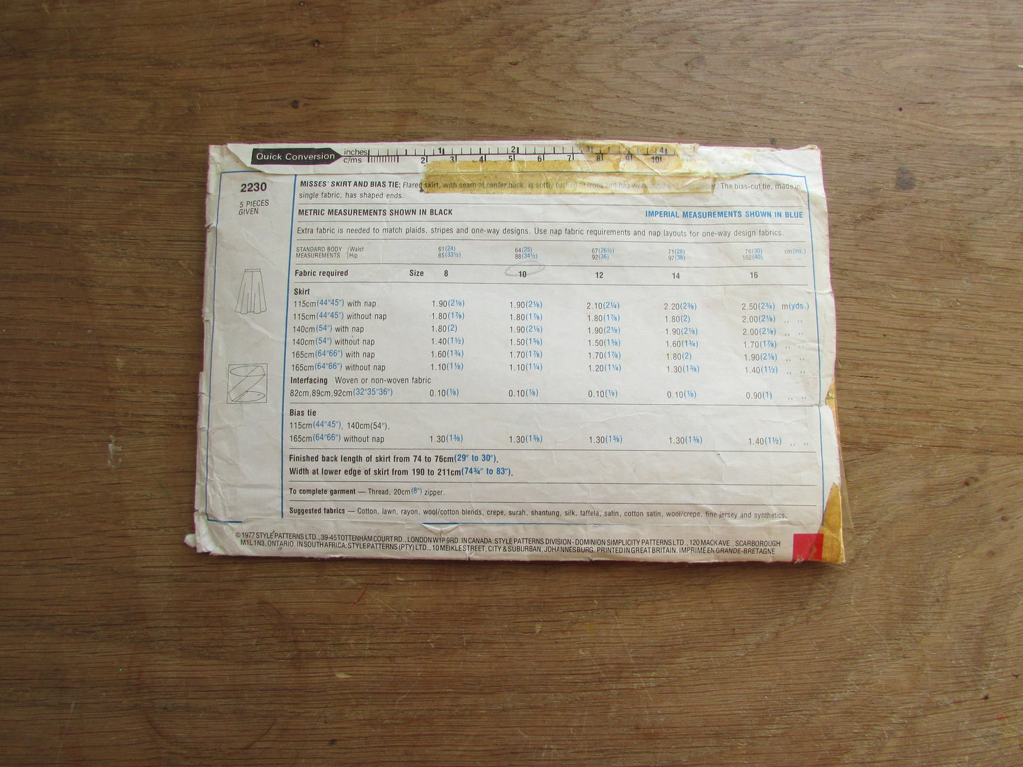 Used 1977 Style 2230 sewing pattern for misses' skirt & bias tie, size 10 (see description below)