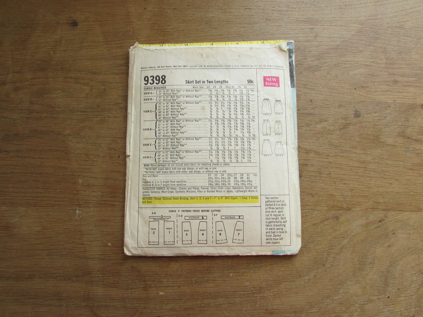 Part cut 1968 McCall's 9398 sewing pattern for "easy to sew" skirt set, size 12-14 (see description below)