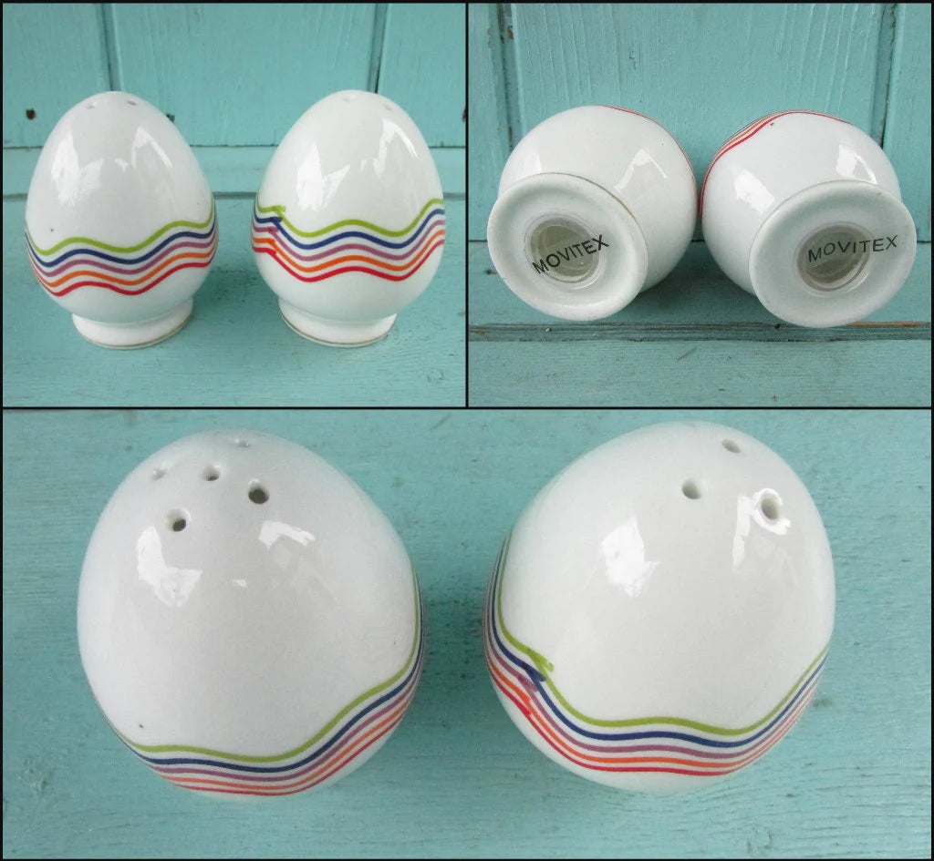 Vintage Motivex salt & pepper set and matching egg cups with coordinating ceramic spoons