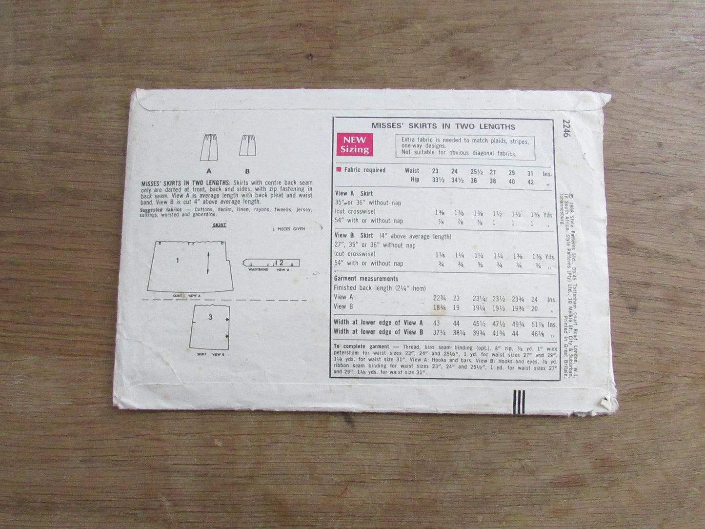 Part cut 1968 Style 2246 sewing pattern for misses' skirt in two lengths, size 10 (complete)