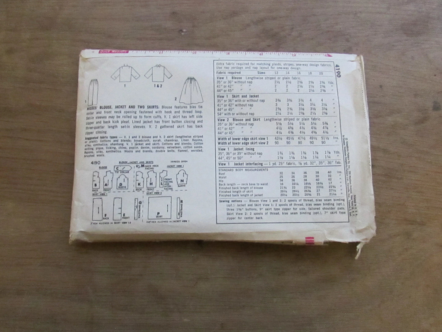 Part cut 1960s Simplicity 4190 sewing pattern for misses' blouse, jacket & two skirts, size 14 (complete)