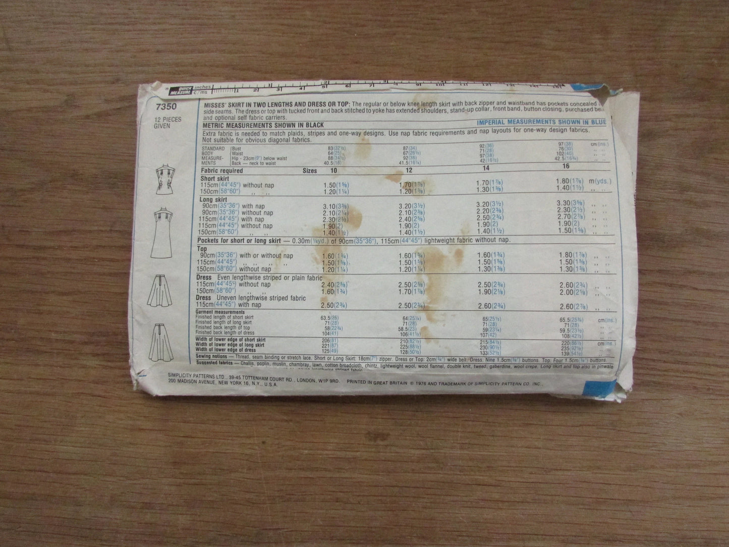 Part cut 1976 Simplicity 7350 sewing pattern for misses' skirt, & dress or top, size 12 (complete)