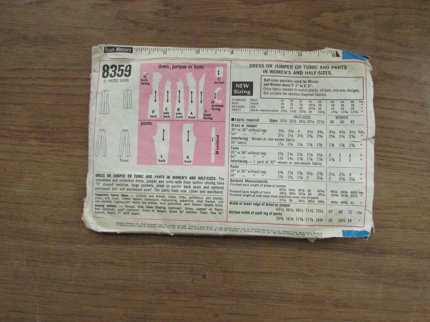 Part cut 1969 Simplicity 8359 sewing pattern for dress or jumper or tunic & pants in women's and half-sizes, size 16.5 (complete)