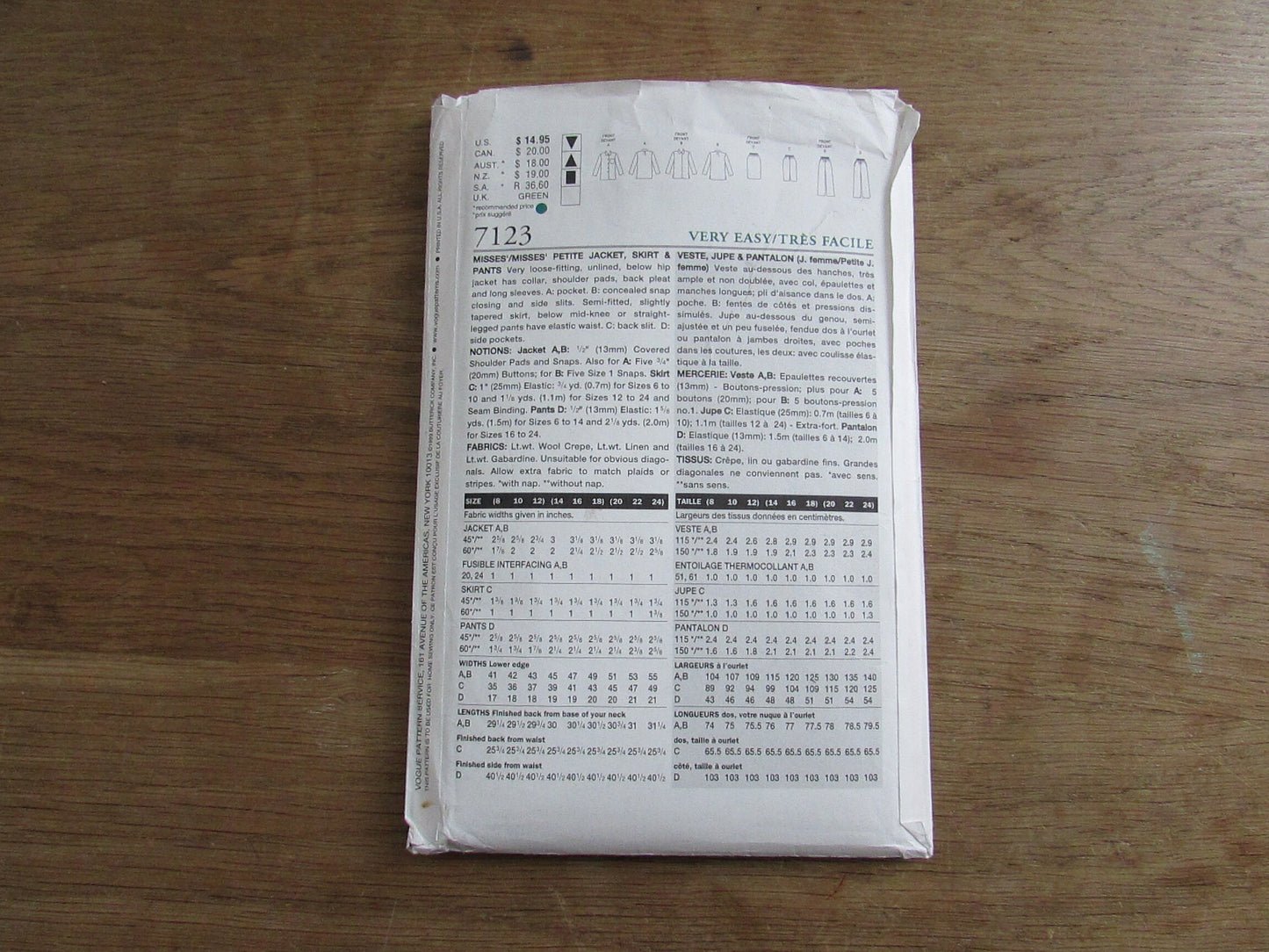 Uncut 1999 Vogue 7123 sewing pattern for misses'/misses' petite jacket, skirt & pants, sizes 14-16-18 (complete)