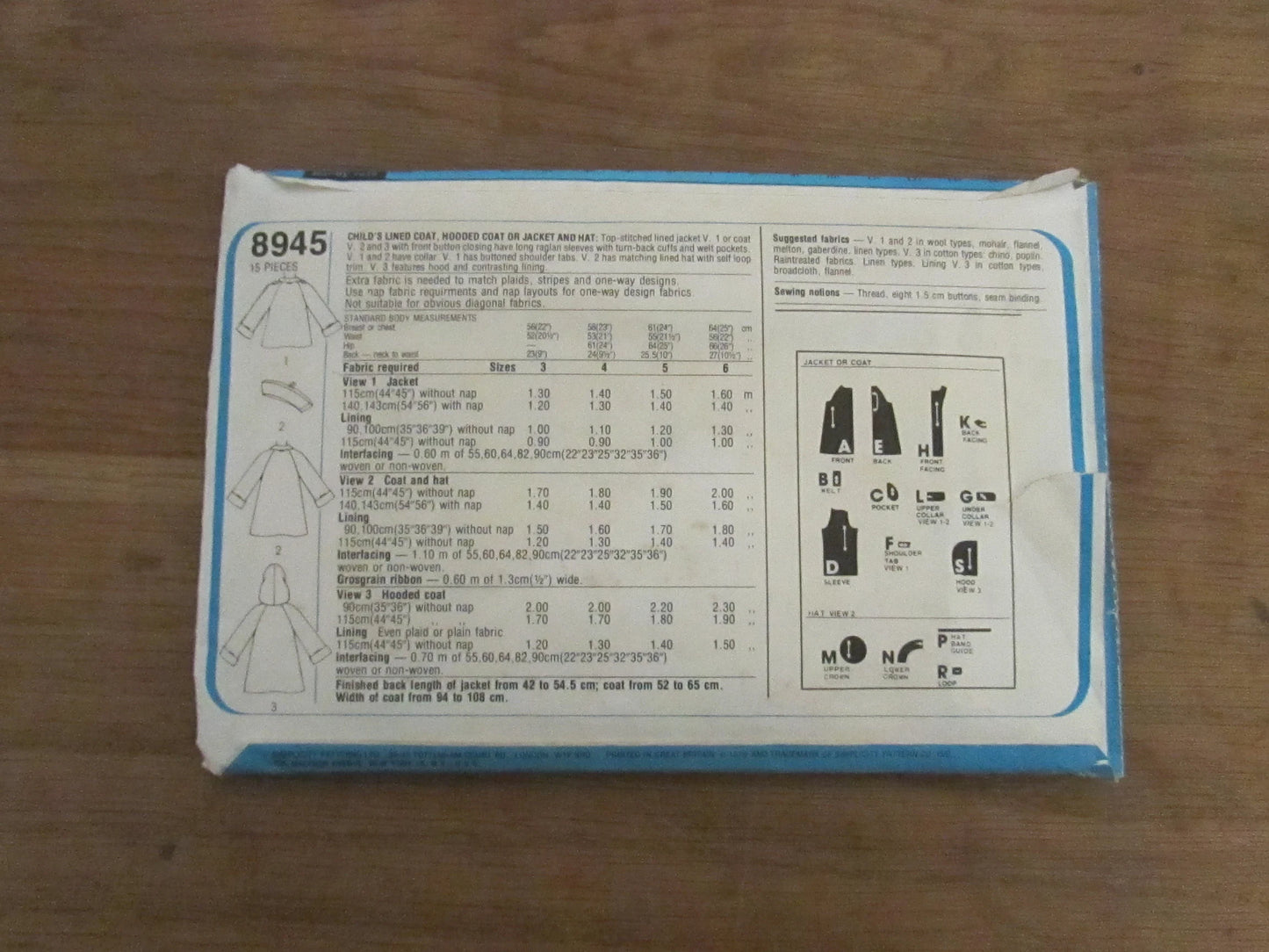 Uncut 1979 Simplicity 8945 sewing pattern for child's lined coat, hooded coat or jacket & hat, size 6 (complete)