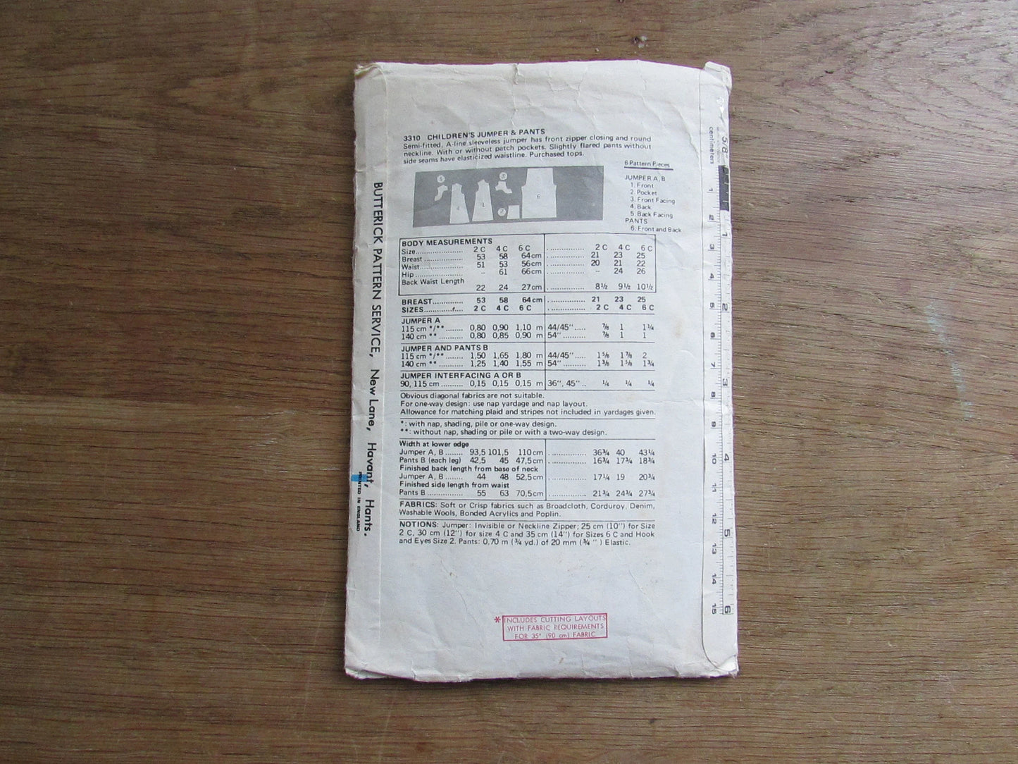Used 1970s Butterick 3310 sewing pattern for children's jumper & pants, size 4 (see description below)