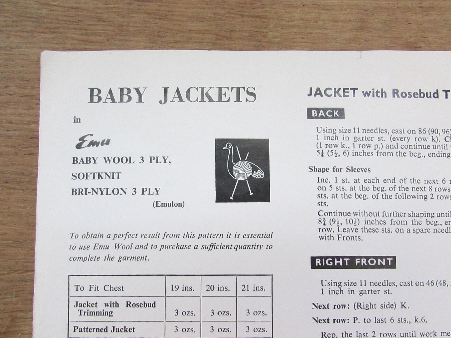 Vintage Emu 8016 knitting pattern for baby jackets, chest 19-21"