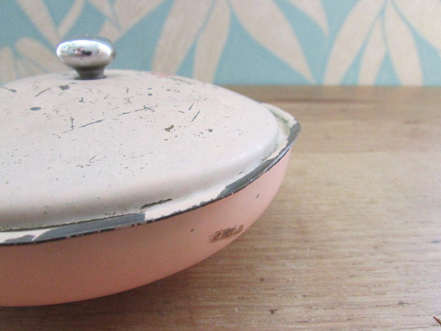 Vintage hand painted pink enamel lidded soap/trinket dish, bird on blossom branch