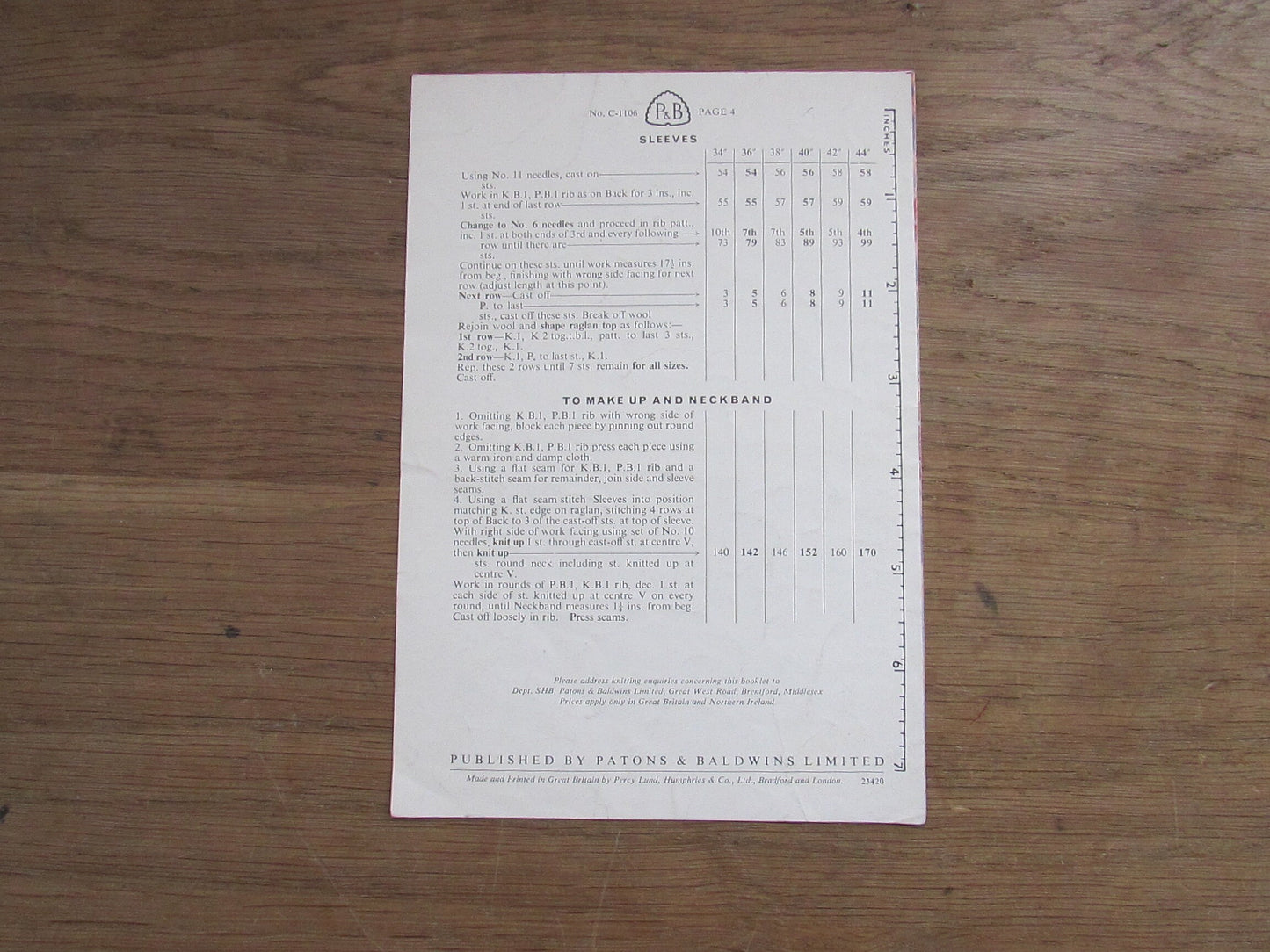 1960s P&B Wools C-1106 knitting pattern for ribbed Raglan sweater